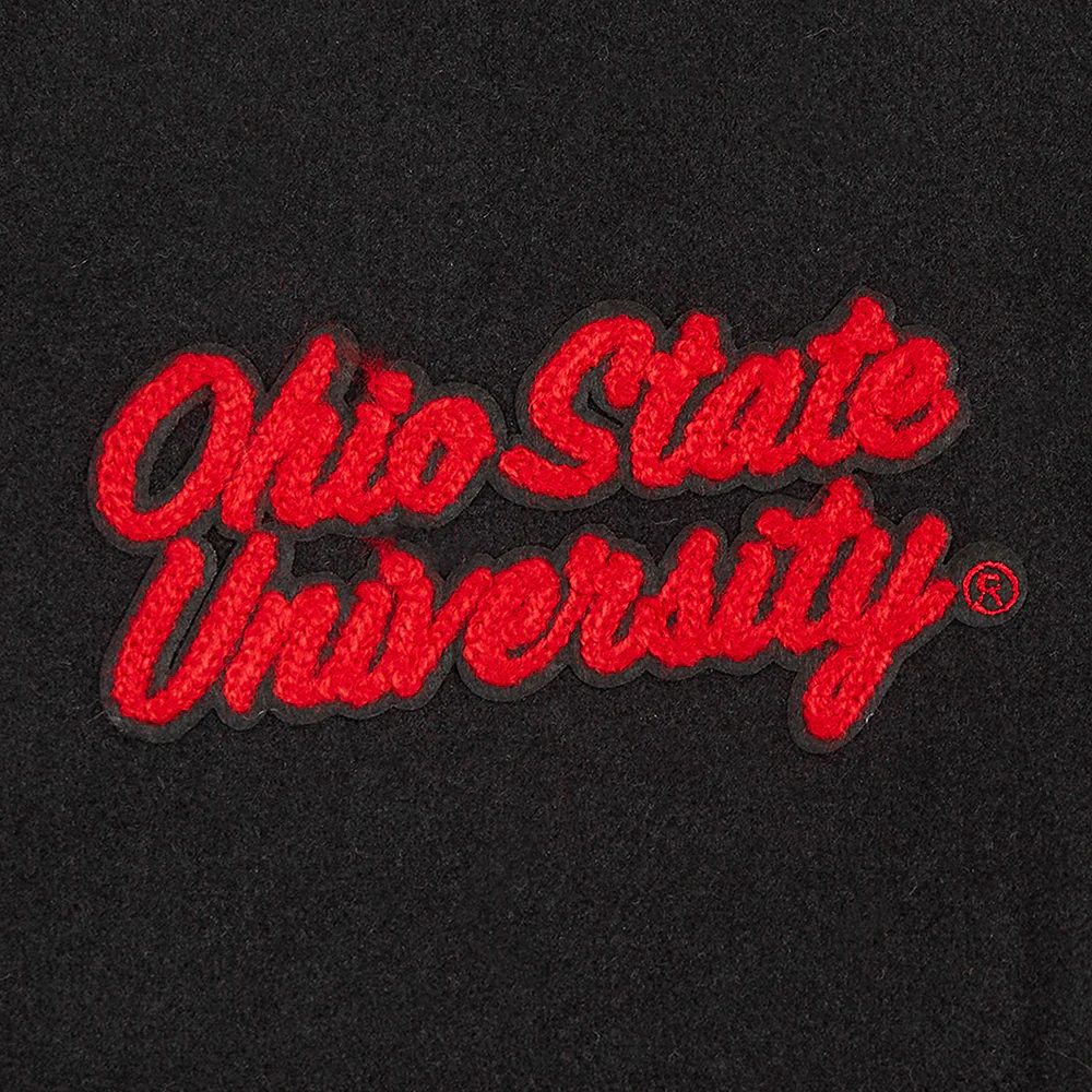 OHIO STATE UNIVERSITY CLASSIC WOMEN'S RIB WOOL VARSITY JACKET (BLACK/RED/BLACK) - Image 5