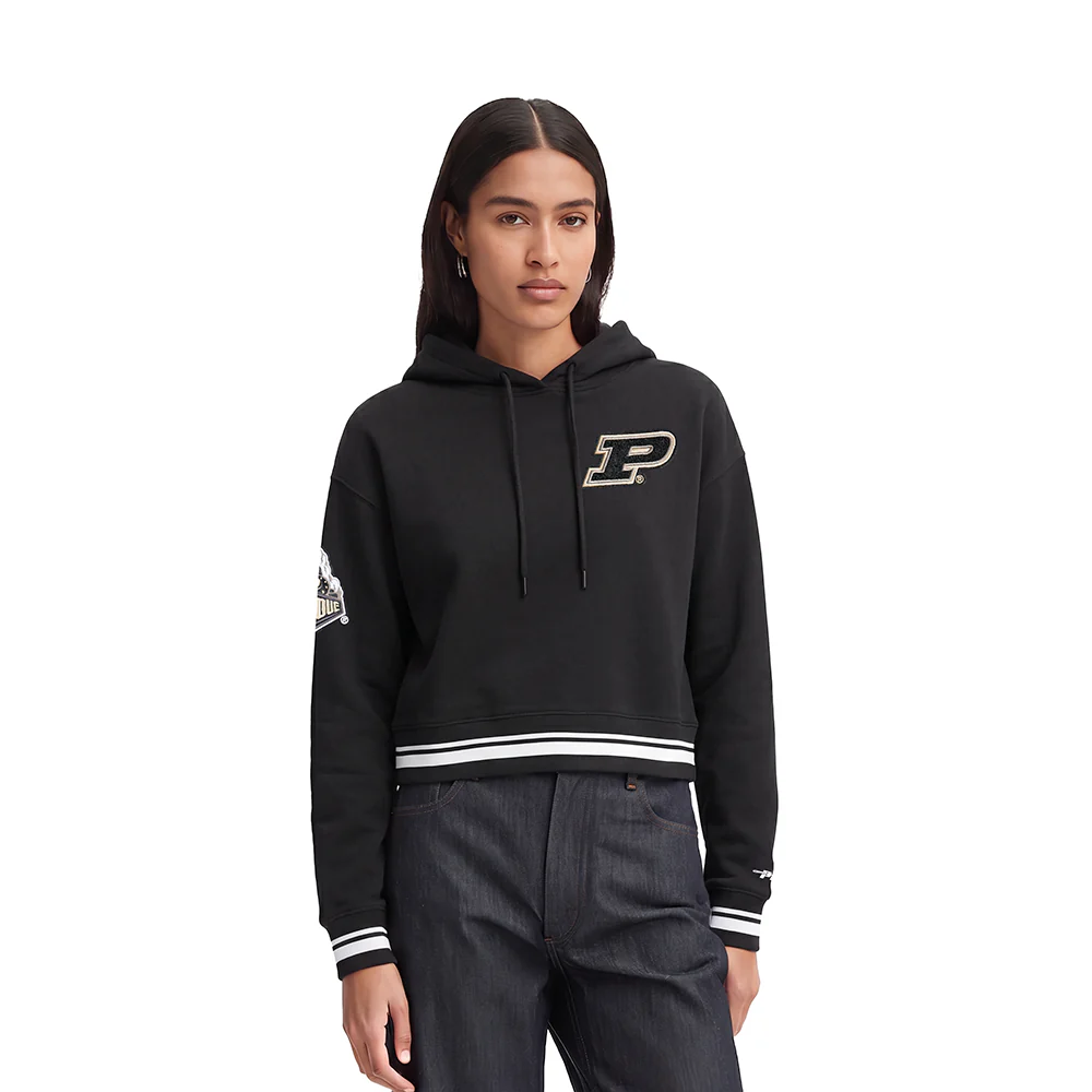 PURDUE UNIVERSITY CLASSIC WOMEN'S RIB FLEECE CROPPED PULLOVER HOODIE (BLACK)