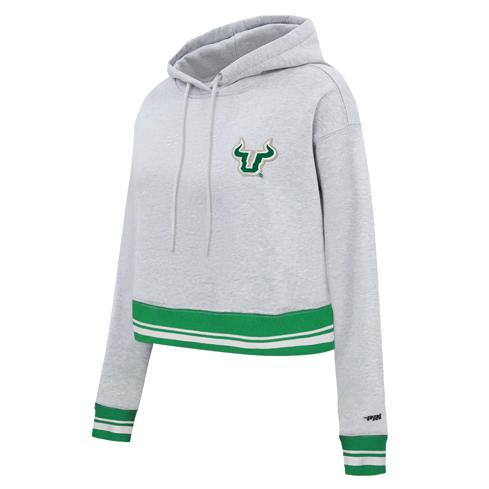 UNIVERSITY OF SOUTH FLORIDA CLASSIC RIB FLEECE CROPPED PULLOVER HOODIE (HEATHER GREY/GREEN) - Image 2