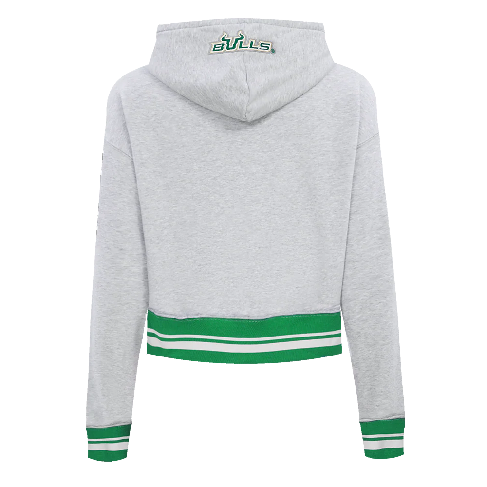UNIVERSITY OF SOUTH FLORIDA CLASSIC RIB FLEECE CROPPED PULLOVER HOODIE (HEATHER GREY/GREEN) - Image 3