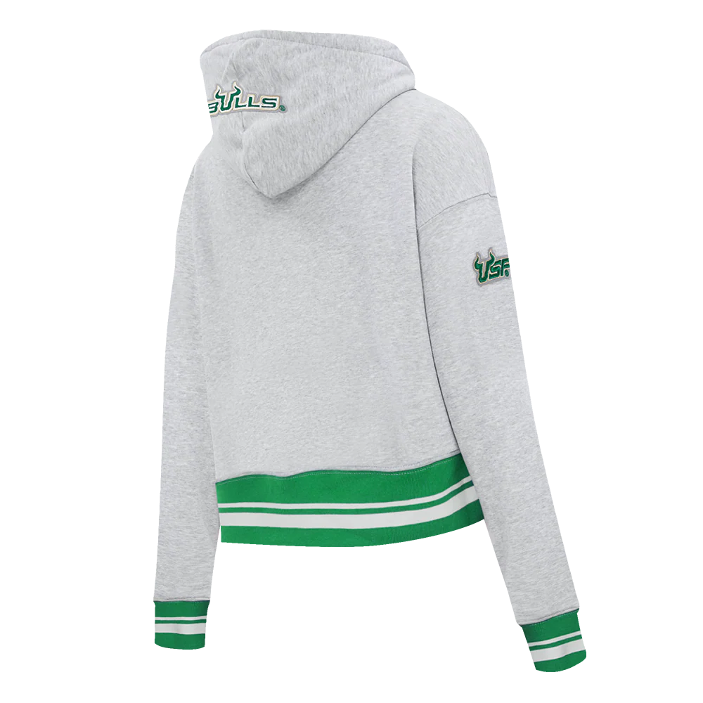 UNIVERSITY OF SOUTH FLORIDA CLASSIC RIB FLEECE CROPPED PULLOVER HOODIE (HEATHER GREY/GREEN) - Image 4