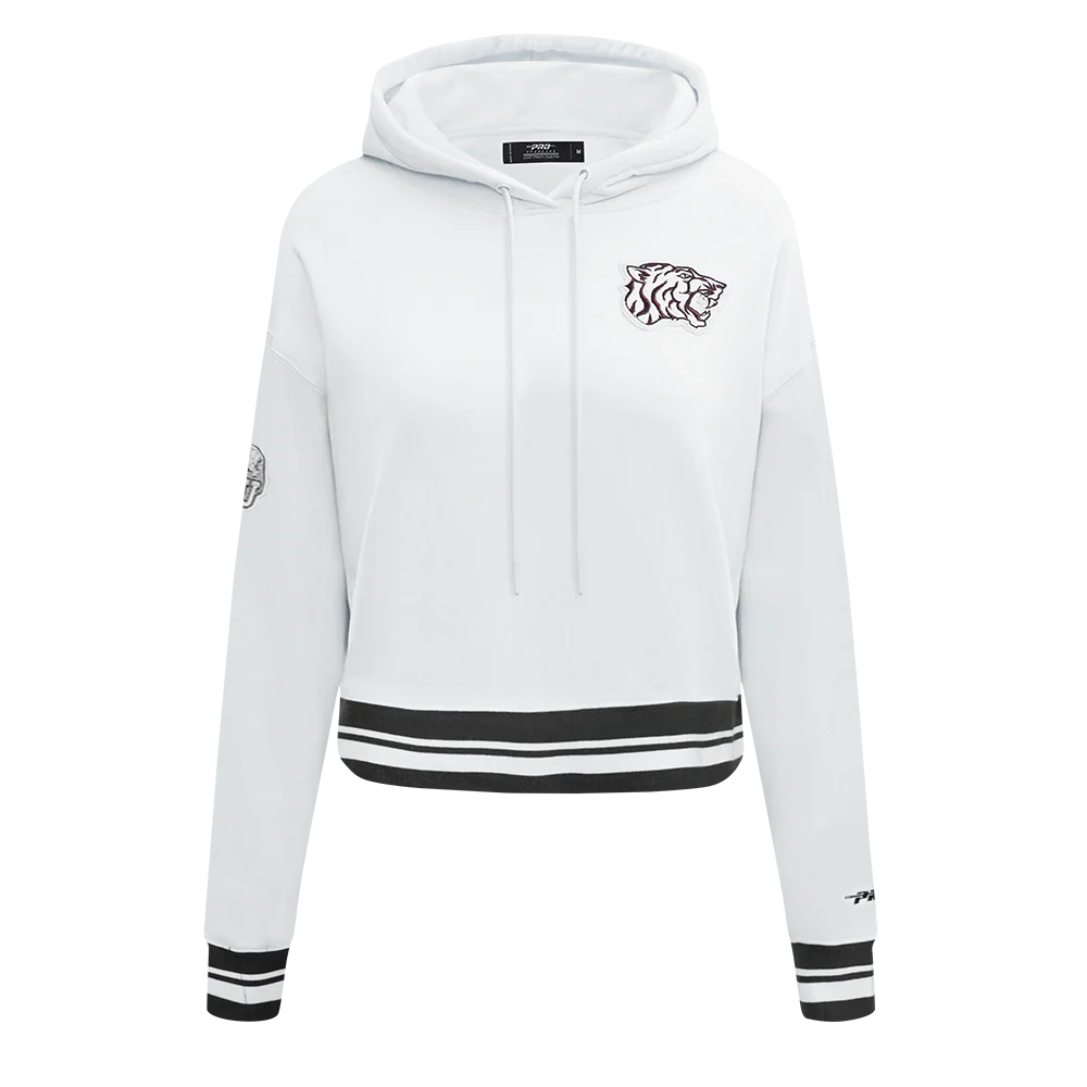 COLLEGE TEXAS SOUTHERN UNIVERSITY CLASSIC WOMEN'S RIB FLC CROPPED PO HOODIE (WHITE/BLACK)