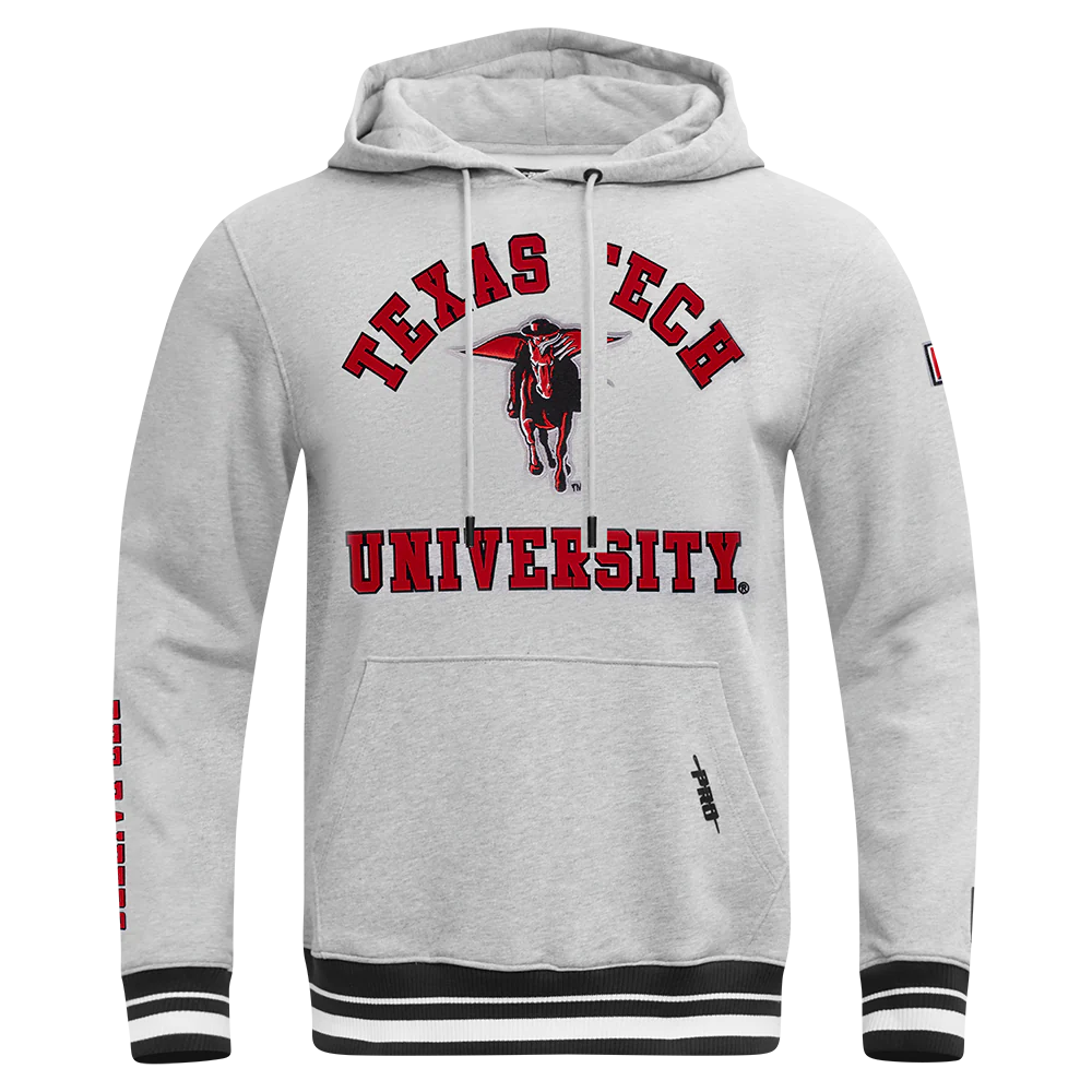 TEXAS TECH UNIVERSITY CLASSIC STACKED LOGO FLEECE PULLOVER HOODIE (HEATHER GRAY/BLACK)