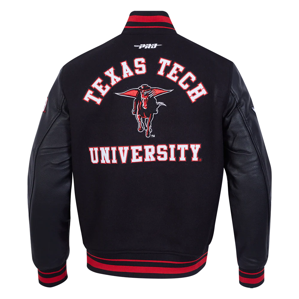 TEXAS TECH UNIVERSITY CLASSIC MEN'S RIB WOOL VARSITY JACKET (BLACK/RED/BLACK) - Image 3