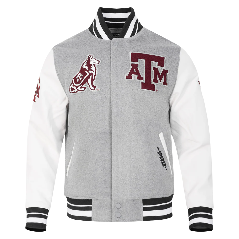 TEXAS A&M UNIVERSITY CLASSIC MEN'S RIB WOOL VARSITY JACKET (HEATHER GREY/WHITE/BLACK)