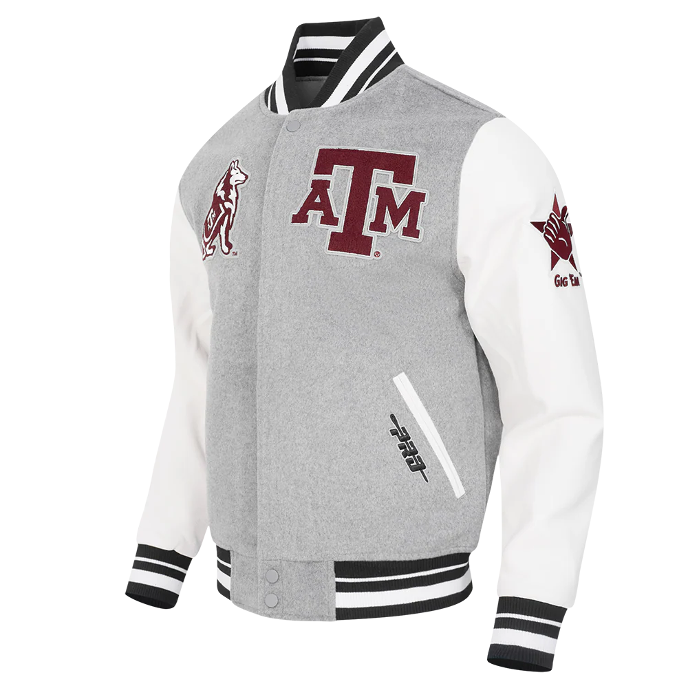TEXAS A&M UNIVERSITY CLASSIC MEN'S RIB WOOL VARSITY JACKET (HEATHER GREY/WHITE/BLACK) - Image 2
