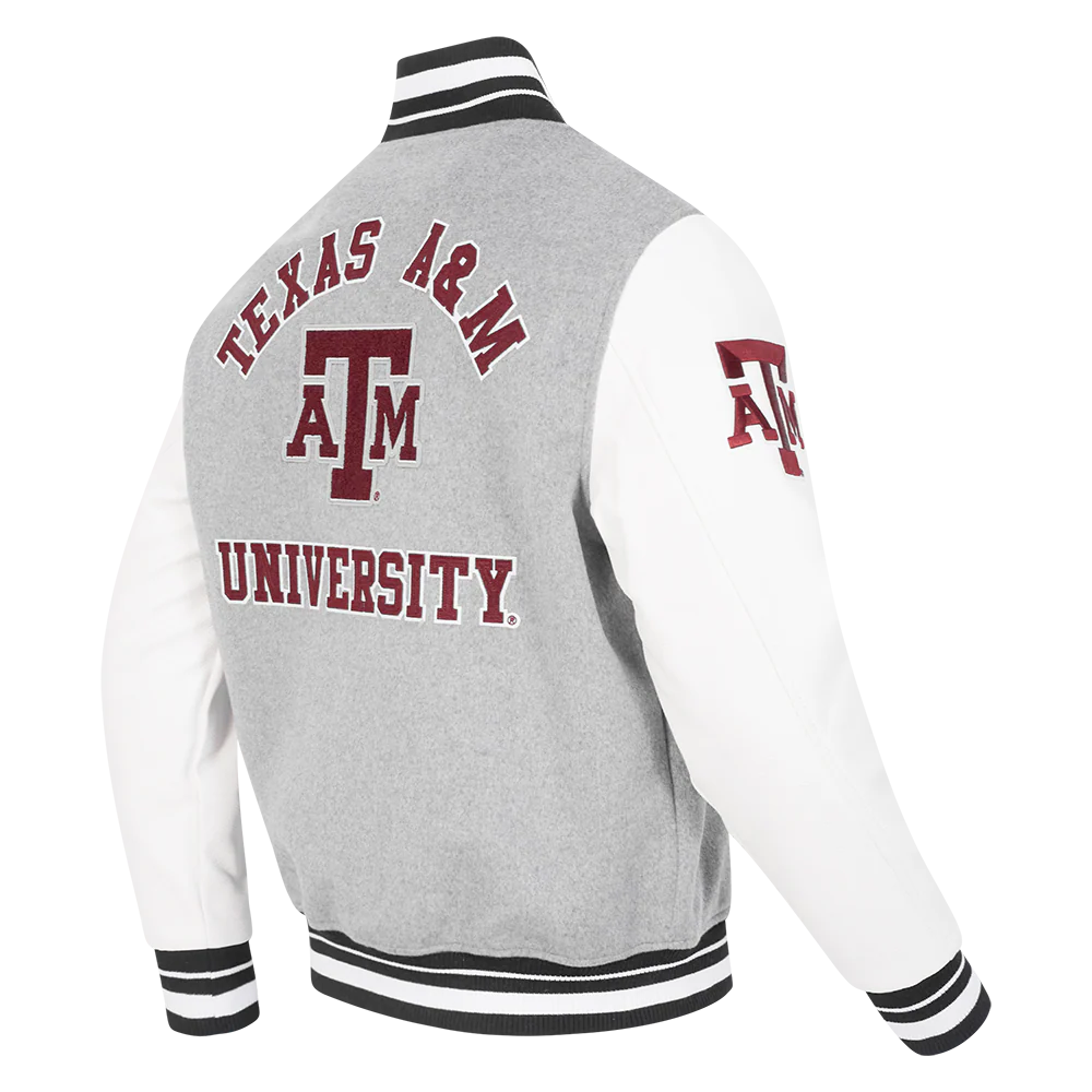 TEXAS A&M UNIVERSITY CLASSIC MEN'S RIB WOOL VARSITY JACKET (HEATHER GREY/WHITE/BLACK) - Image 4
