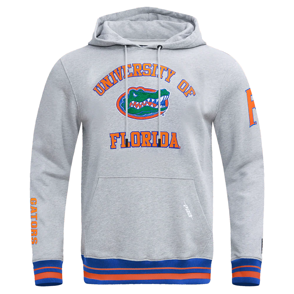 UNIVERSITY OF FLORIDA CLASSIC MEN'S STACKED LOGO PULLOVER HOODIE (HEATHER GREY/ROYAL/ORANGE)
