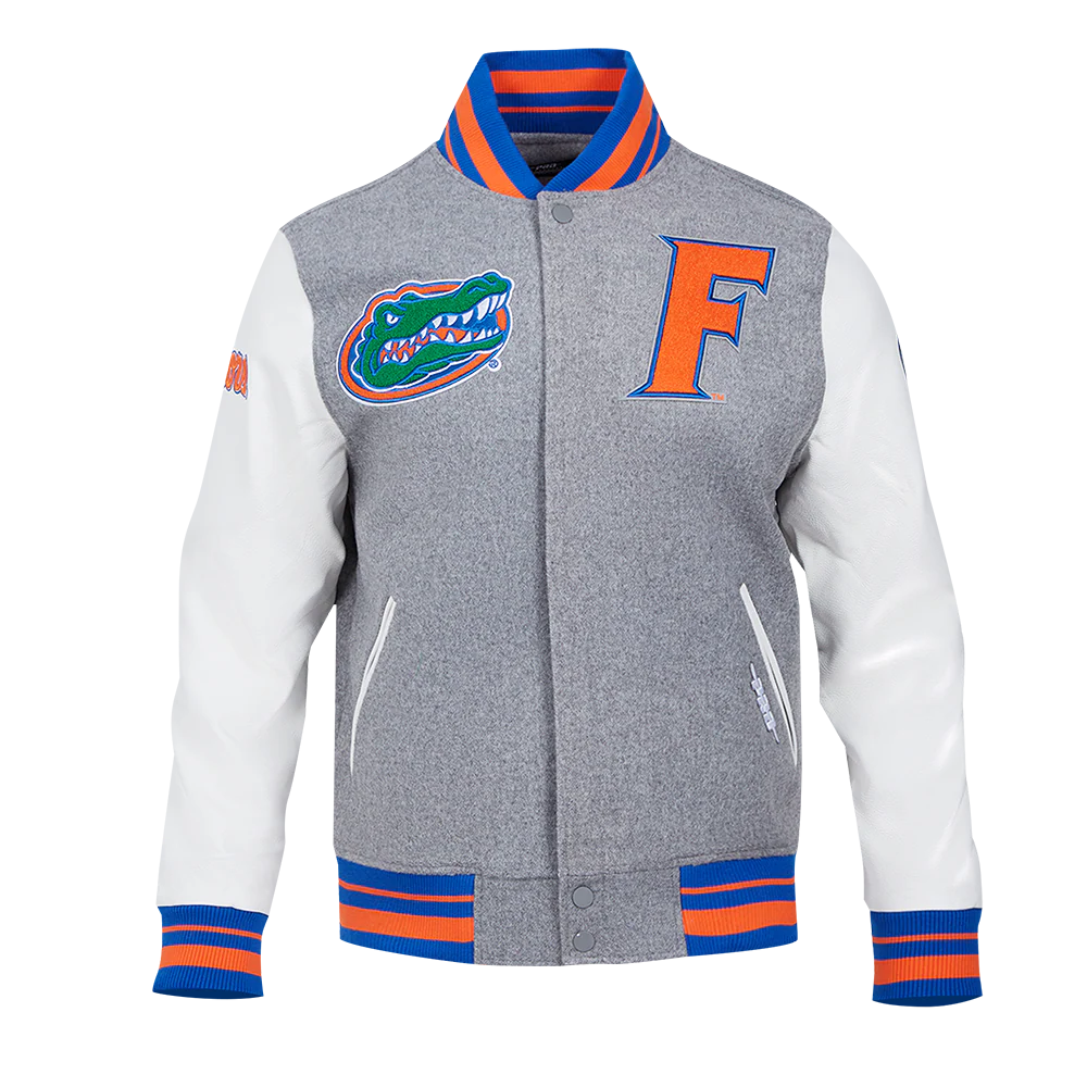 UNIVERSITY OF FLORIDA CLASSIC RIB WOOL VARSITY JACKET (HEATHER GREY/ROYAL/ORANGE)