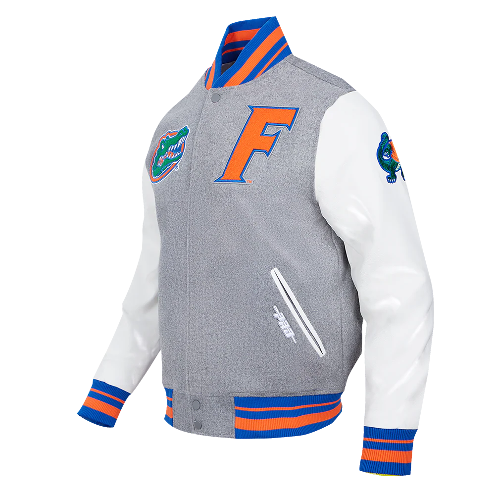 UNIVERSITY OF FLORIDA CLASSIC RIB WOOL VARSITY JACKET (HEATHER GREY/ROYAL/ORANGE) - Image 2