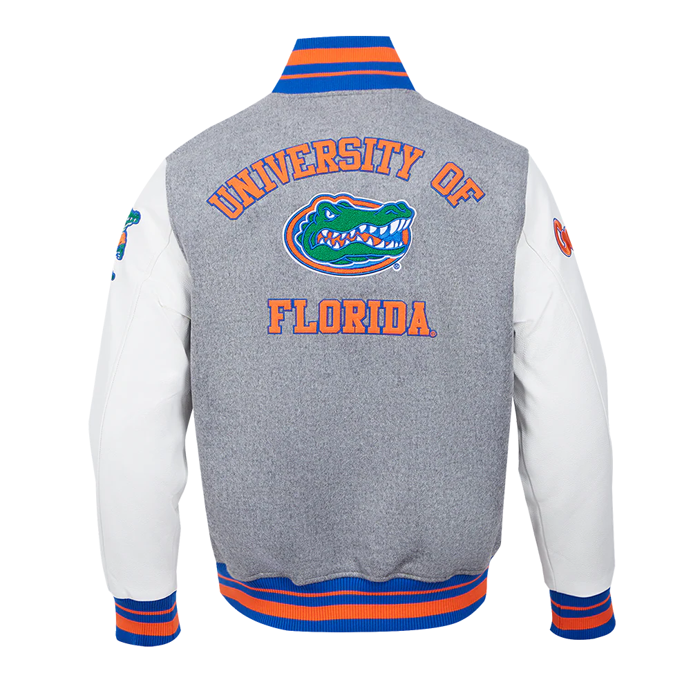 UNIVERSITY OF FLORIDA CLASSIC RIB WOOL VARSITY JACKET (HEATHER GREY/ROYAL/ORANGE) - Image 3
