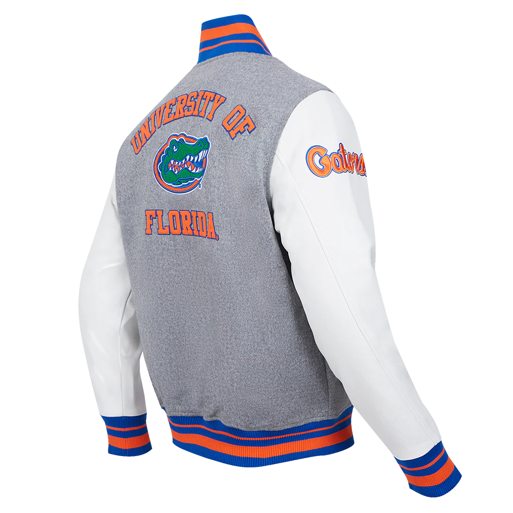 UNIVERSITY OF FLORIDA CLASSIC RIB WOOL VARSITY JACKET (HEATHER GREY/ROYAL/ORANGE) - Image 4