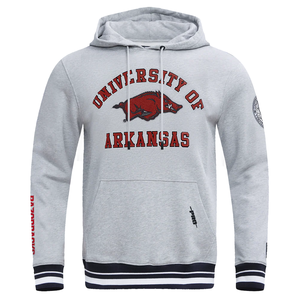 UNIVERSITY OF ARKANSAS CLASSIC MEN'S STACKED LOGO PULLOVER HOODIE (HEATHER GRAY/BLACK)