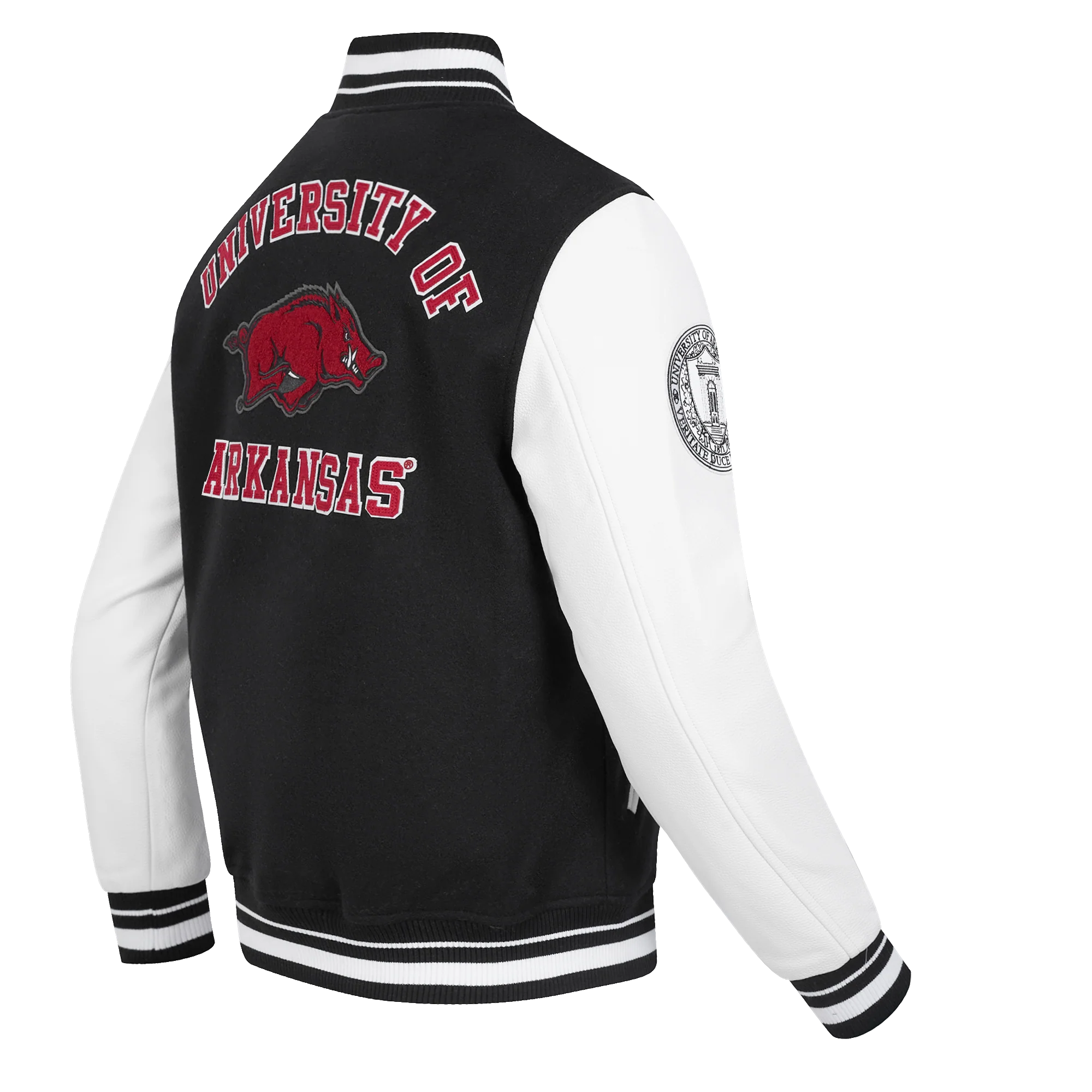 UNIVERSITY OF ARKANSAS CLASSIC MEN'S RIB WOOL VARSITY JACKET (BLACK/WHITE) - Image 4