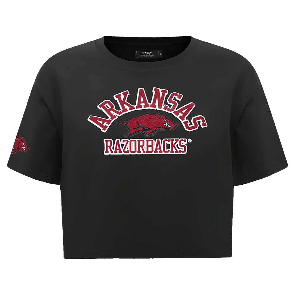 UNIVERSITY OF ARKANSAS FAYETTEVILLE CLASSIC WOMEN'S SINGLE JERSEY BOXY TEE (BLACK)