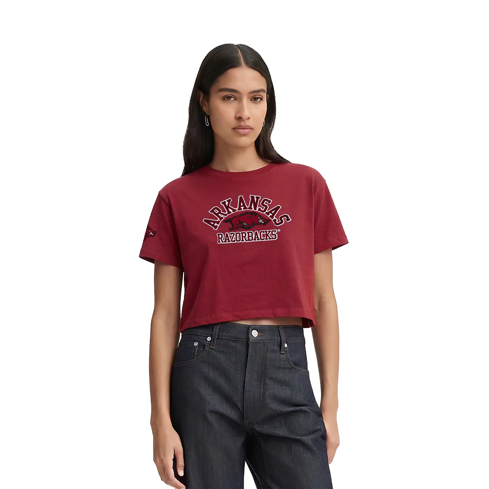 UNIVERSITY OF ARKANSAS FAYETTEVILLE CLASSIC WOMEN'S SINGLE JERSEY BOXY TEE (CARDINAL RED) - Image 2