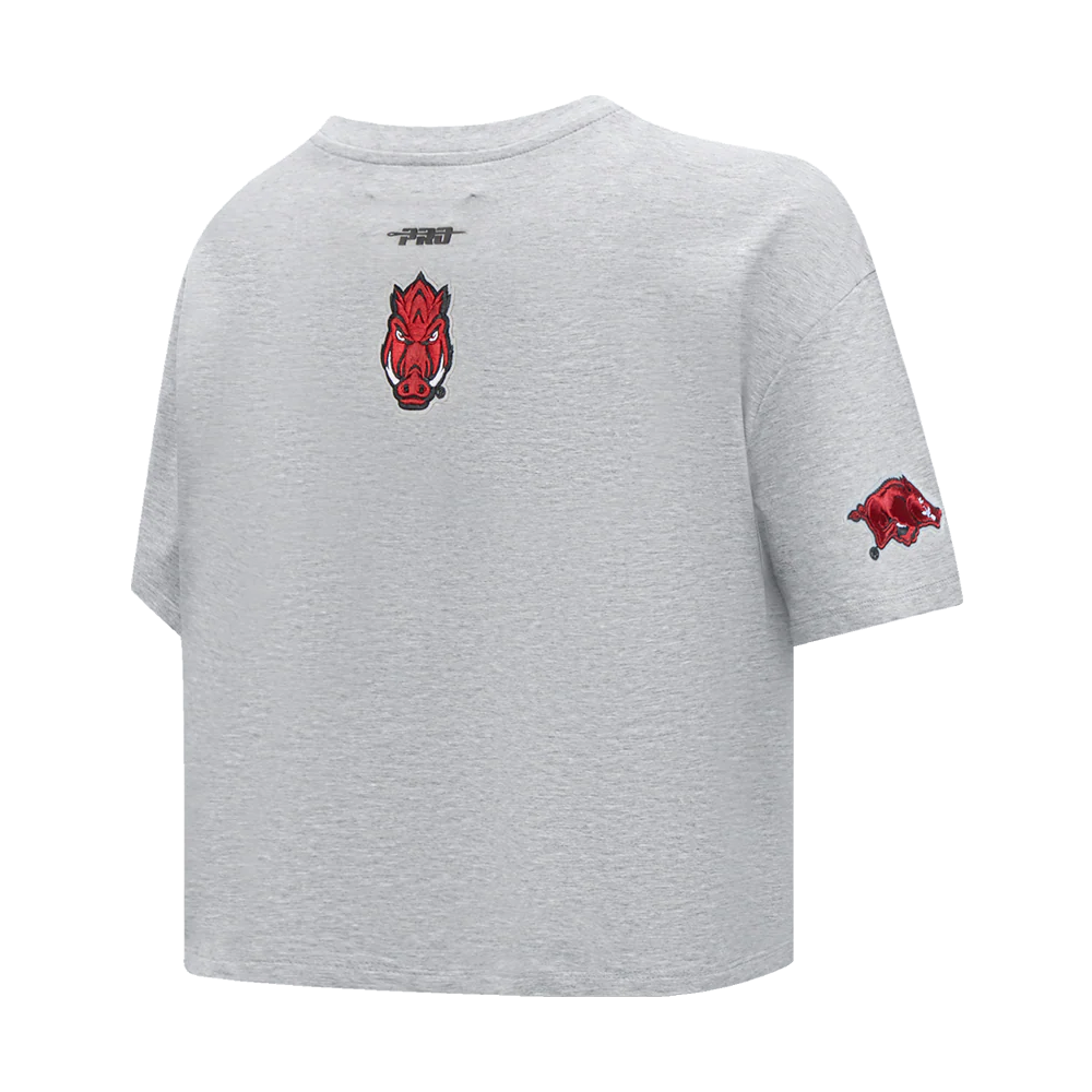 UNIVERSITY OF ARKANSAS FAYETTEVILLE CLASSIC WOMEN'S SINGLE JERSEY BOXY TEE (HEATHER GREY) - Image 4