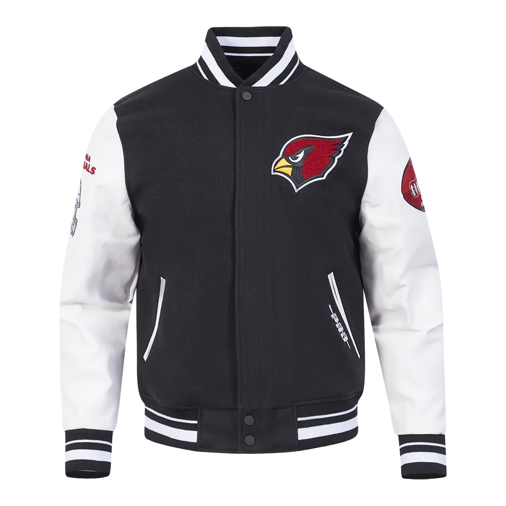 NFL ARIZONA CARDINALS OLD ENGLISH MEN'S RIB WOOL VARSITY JACKET (BLACK/WHITE)