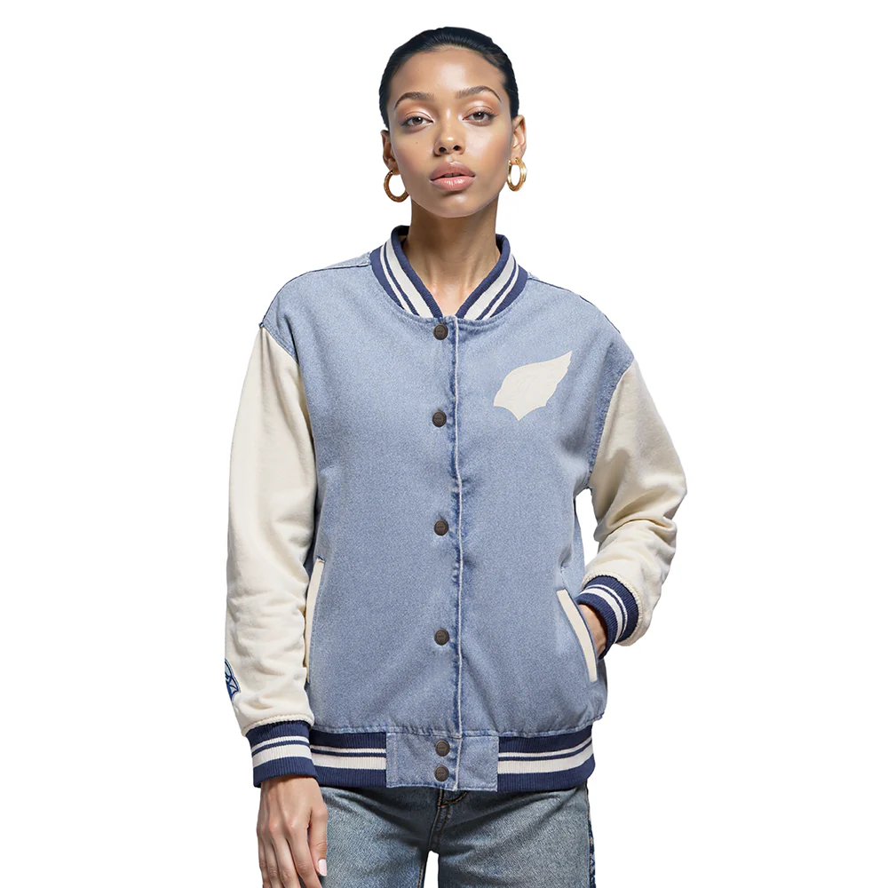 NFL ARIZONA CARDINALS VARSITY BLUES WOMEN'S DENIM VARSITY JACKET (DENIM/LINEN)