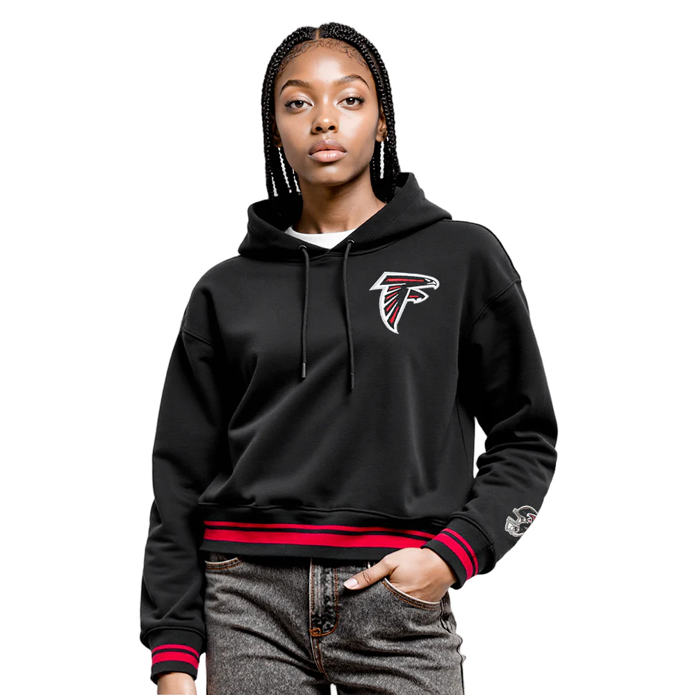 NFL ATLANTA FALCONS MASHUP WOMEN'S RIB CROPPED PO HOODIE (BLACK/RED/BLACK) - Image 3