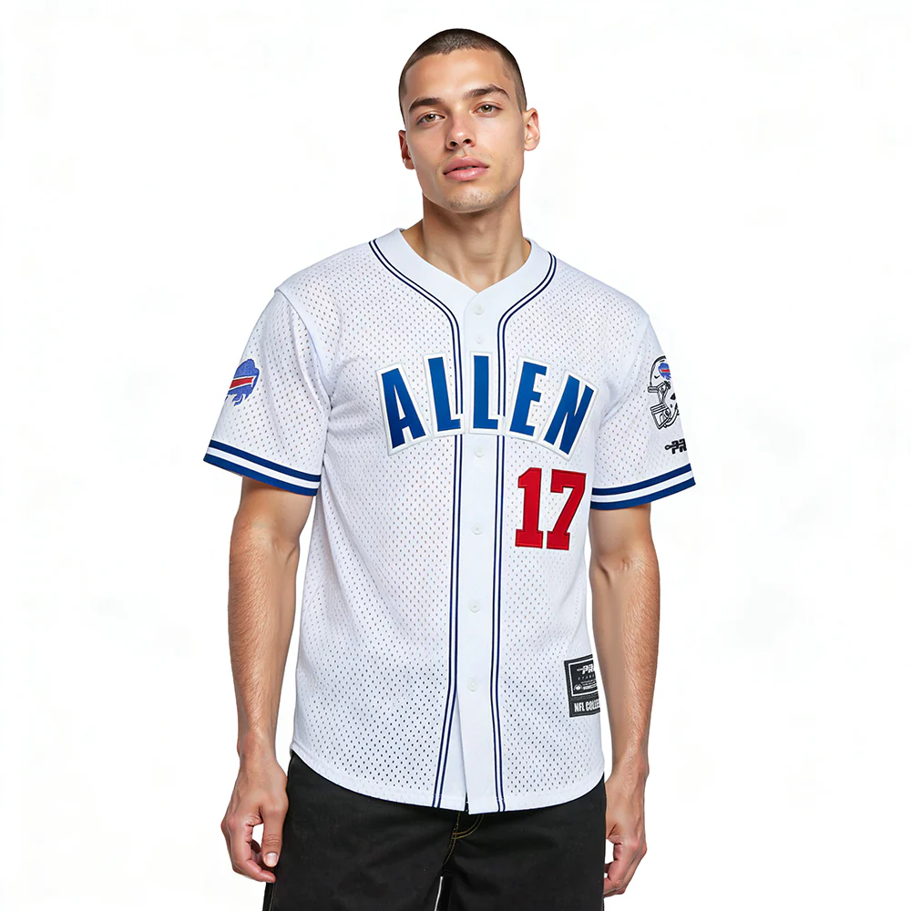 NFL BUFFALO BILLS JOSH ALLEN #17 CLASSIC MESH PNN MEN'S MESH BUTTON DOWN SHIRT (WHITE/ROYAL BLUE)