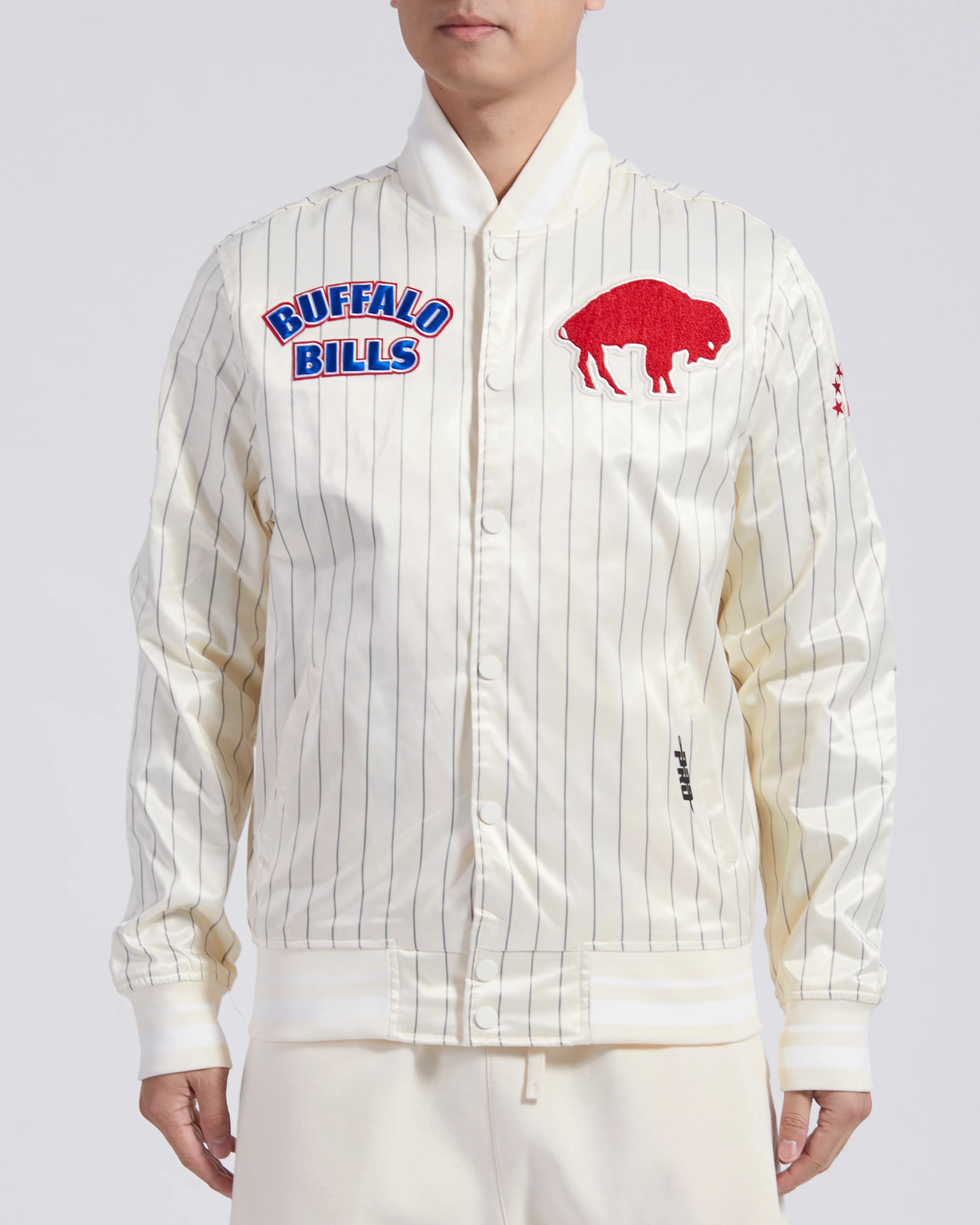 NFL BUFFALO BILLS PINSTRIPE RETRO CLASSIC MEN'S RIB SATIN JACKET (EGGSHELL/ GREY)