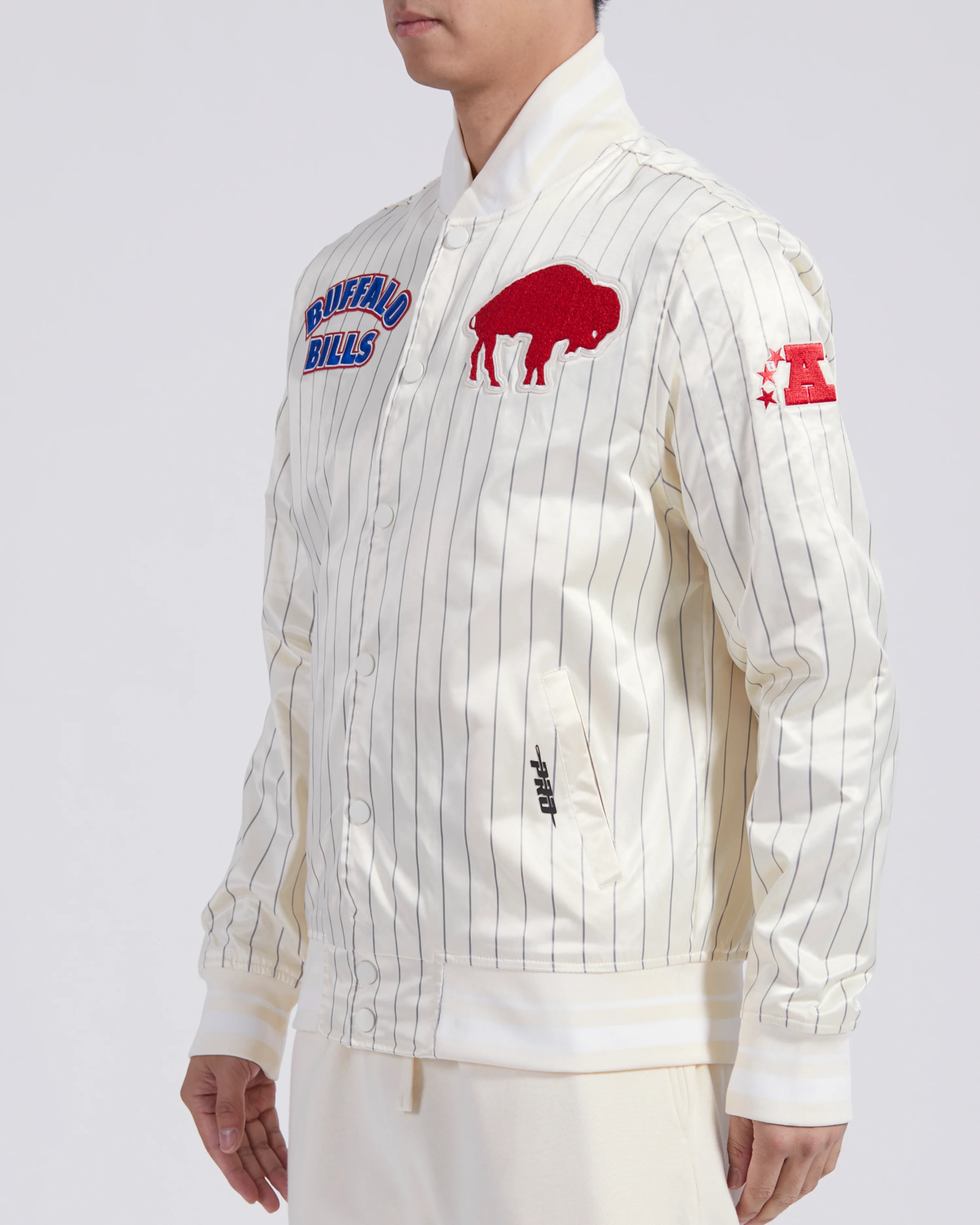 NFL BUFFALO BILLS PINSTRIPE RETRO CLASSIC MEN'S RIB SATIN JACKET (EGGSHELL/ GREY) - Image 2