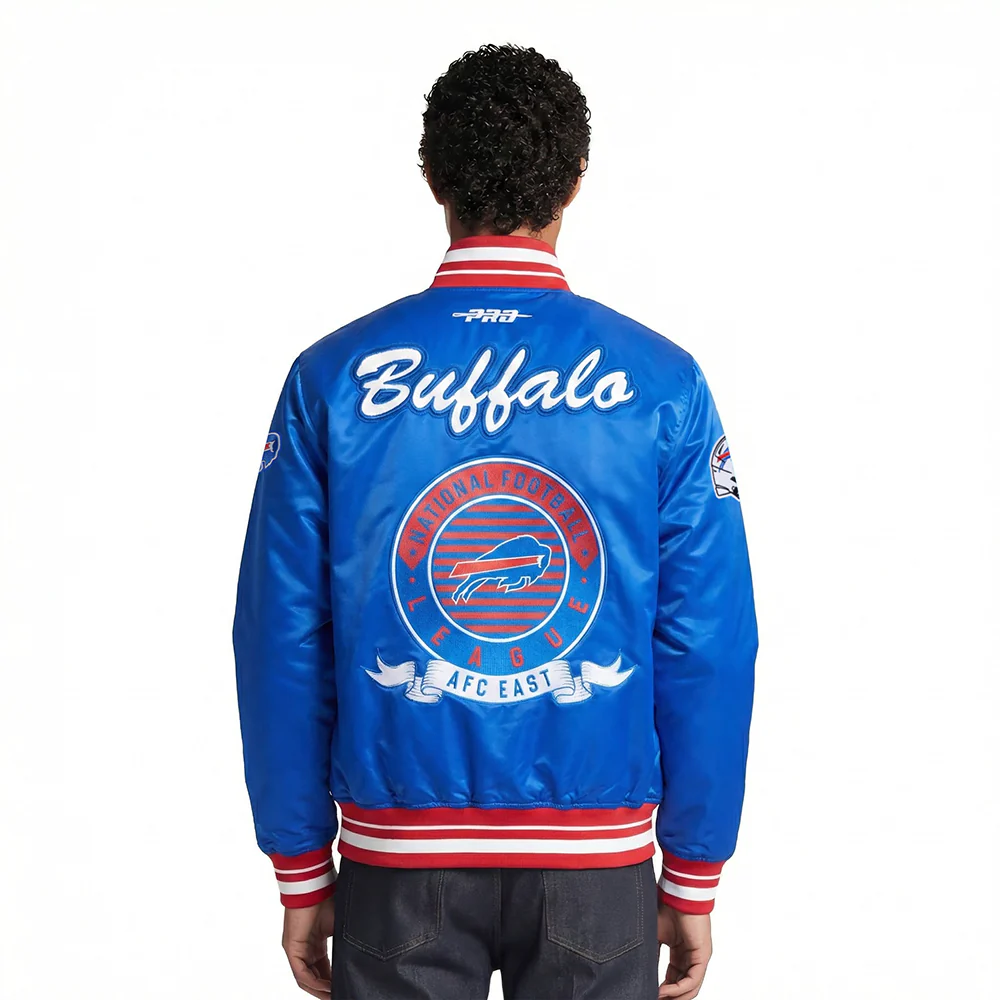 NFL BUFFALO BILLS TEAM BADGE MEN'S RIB SATIN JACKET (ROYAL BLUE/RED) - Image 2