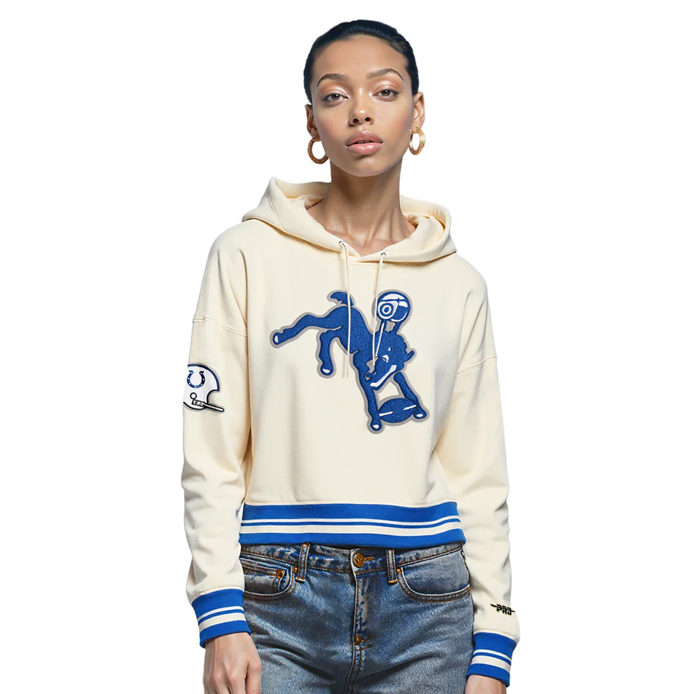 NFL BALTIMORE COLTS RETRO CLASSIC WOMEN'S RIB CROPPED PO HOODIE (EGGSHELL/ROYAL BLUE)