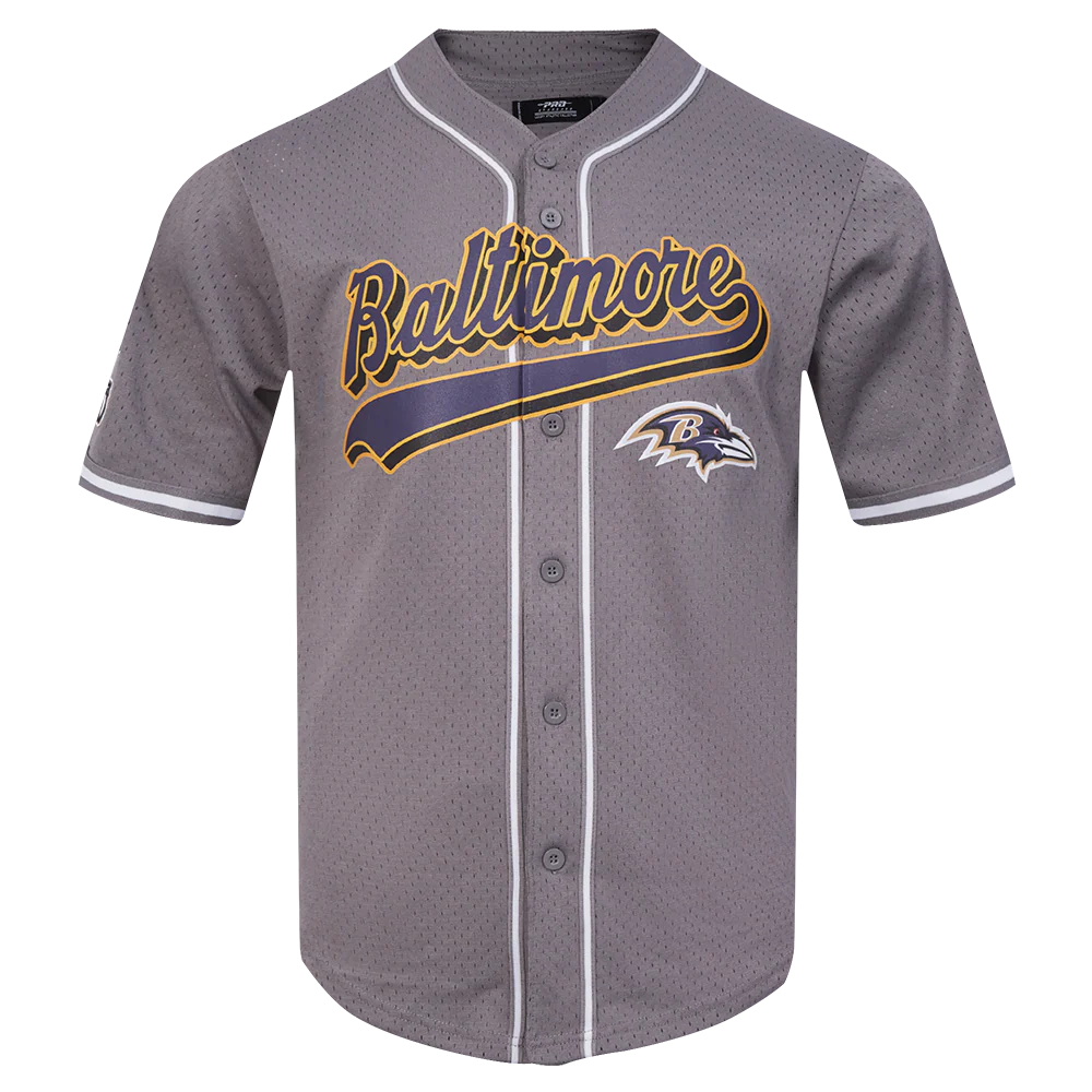 NFL BALTIMORE RAVENS SCRIPT TAIL MEN'S MESH BUTTON DOWN SHIRT (GRAY)