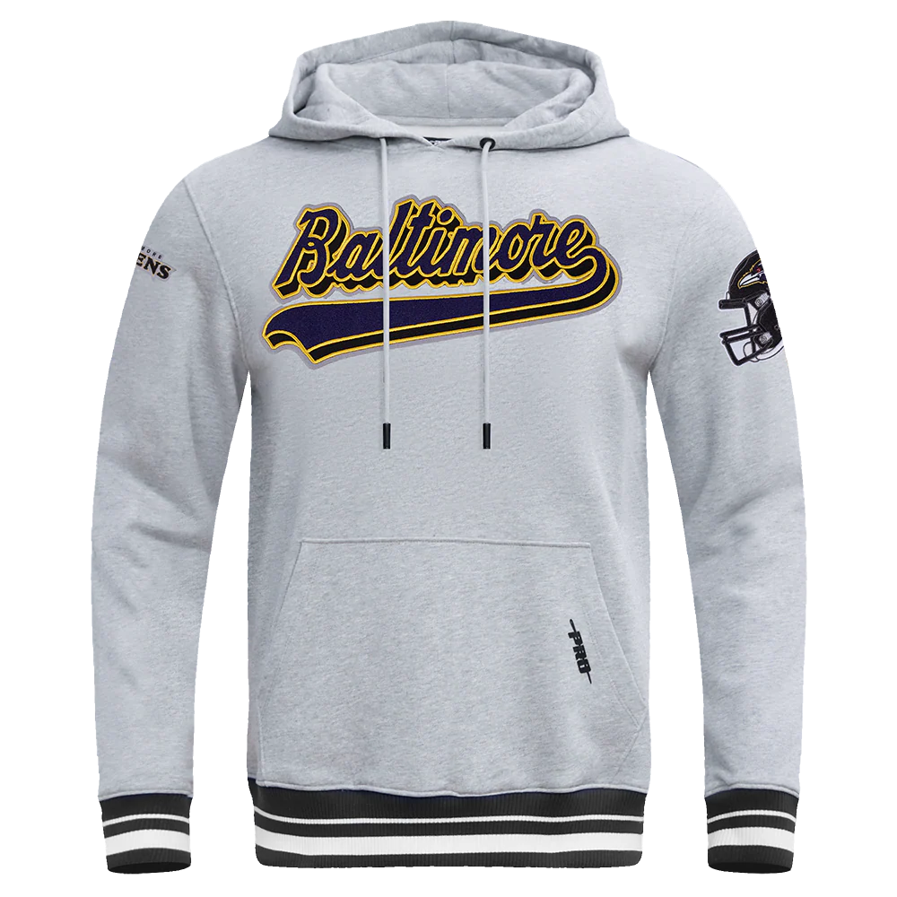 NFL BALTIMORE RAVENS SCRIPT TAIL MEN'S RIB FLC PO HOODIE (HEATHER GRAY/BLACK)