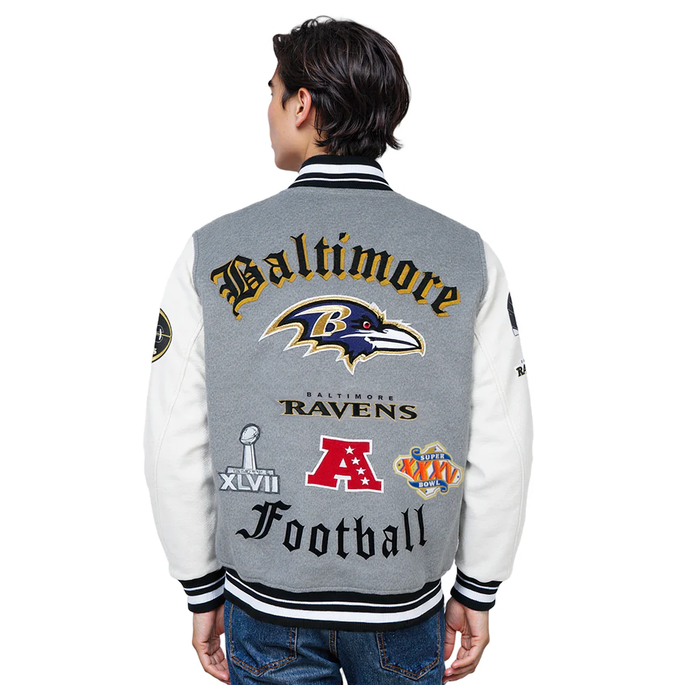 NFL BALTIMORE RAVENS OLD ENGLISH MEN'S RIB WOOL VARSITY JACKET (HEATHER GREY/WHITE/BLACK) - Image 2
