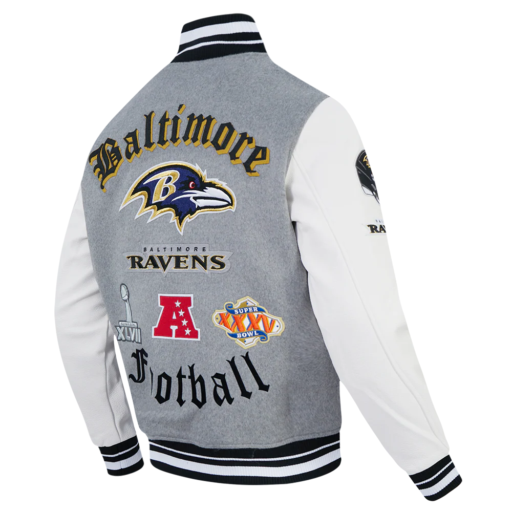 NFL BALTIMORE RAVENS OLD ENGLISH MEN'S RIB WOOL VARSITY JACKET (HEATHER GREY/WHITE/BLACK) - Image 4