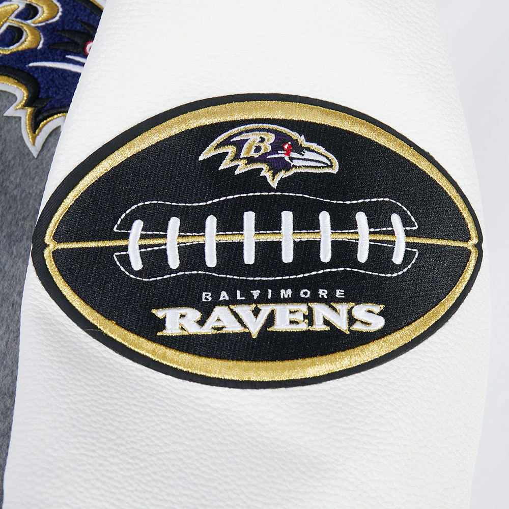 NFL BALTIMORE RAVENS OLD ENGLISH MEN'S RIB WOOL VARSITY JACKET (HEATHER GREY/WHITE/BLACK) - Image 5