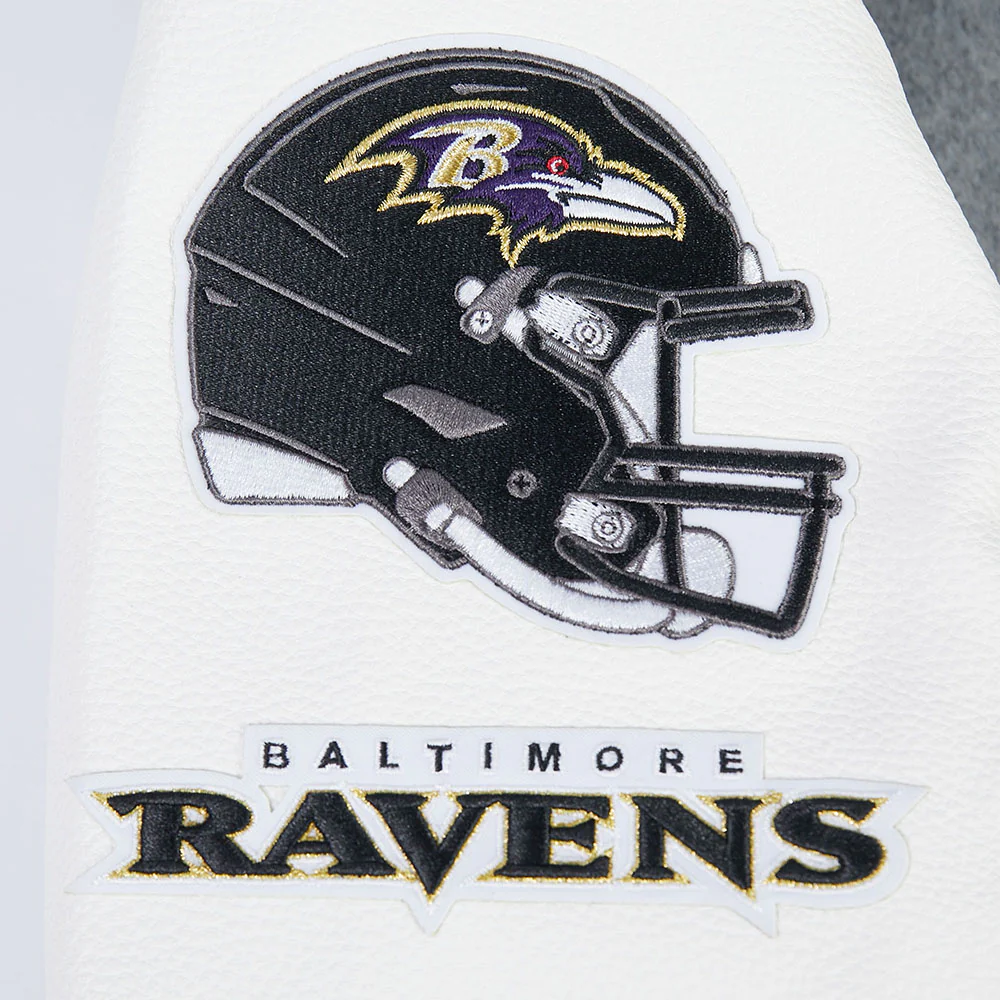NFL BALTIMORE RAVENS OLD ENGLISH MEN'S RIB WOOL VARSITY JACKET (HEATHER GREY/WHITE/BLACK) - Image 6