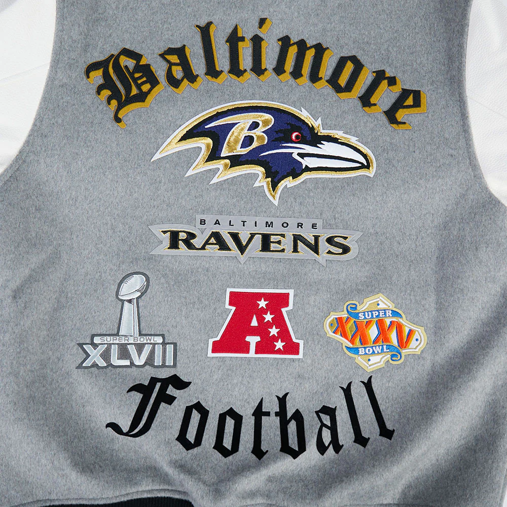 NFL BALTIMORE RAVENS OLD ENGLISH MEN'S RIB WOOL VARSITY JACKET (HEATHER GREY/WHITE/BLACK) - Image 8