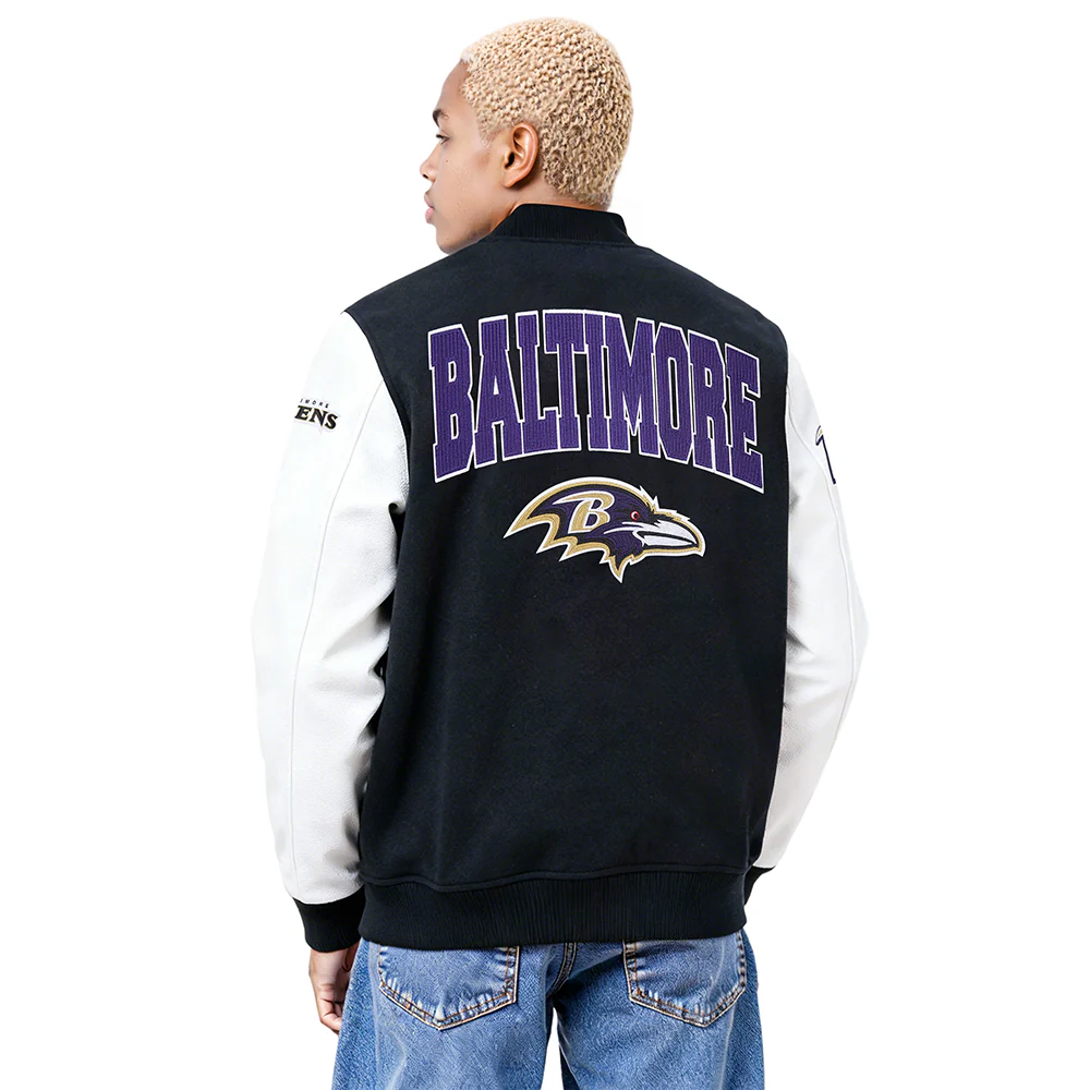 NFL BALTIMORE RAVENS CITY ARCH MEN'S WOOL VARSITY JACKET (BLACK/WHITE) - Image 2