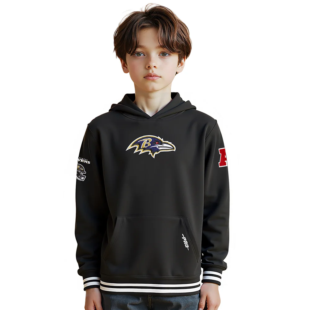 NFL BALTIMORE RAVENS RETRO CLASSIC BIG BOYS RIB FLEECE PULLOVER HOODIE (BLACK)