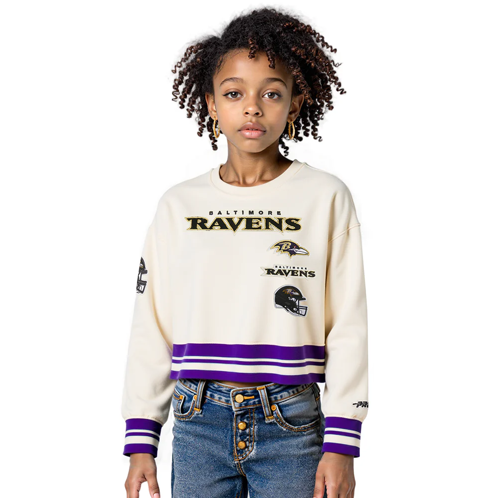 NFL BALTIMORE RAVENS RETRO CLASSIC BIG GIRL'S RIB FLC CREWNECK (EGGSHELL/ PURPLE)