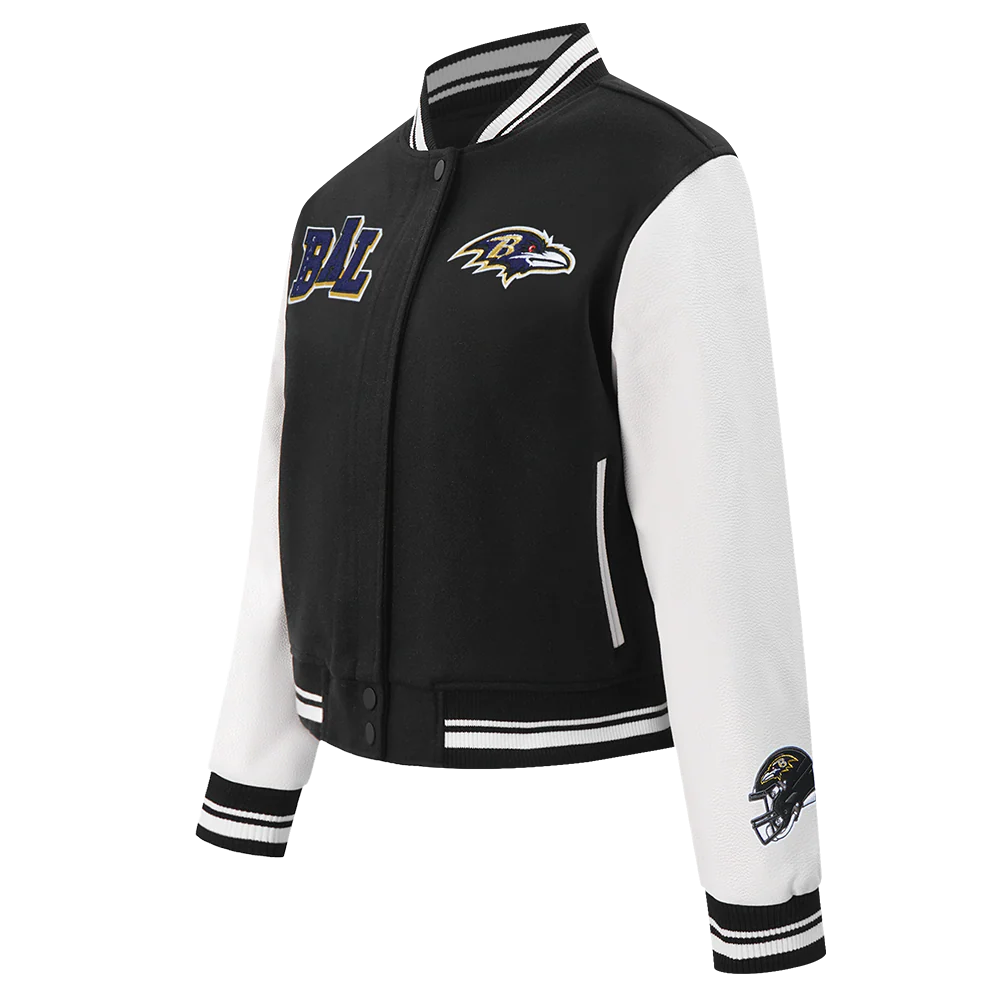 NFL BALTIMORE RAVENS MASHUP WOMEN'S RIB WOOL VARSITY JACKET (BLACK/WHITE) - Image 2
