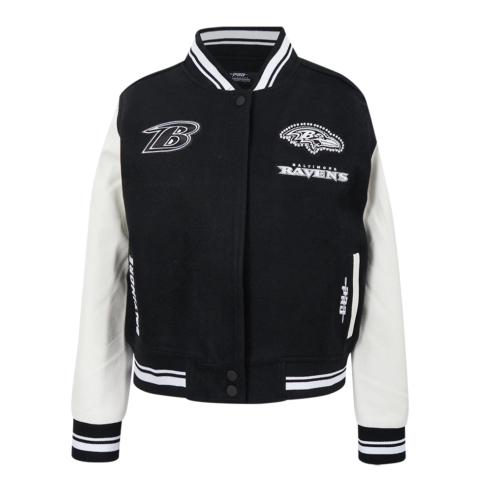 NFL BALTIMORE RAVENS PEARLS WOMEN'S RIB WOOL VARSITY JACKET (BLACK/WHITE)