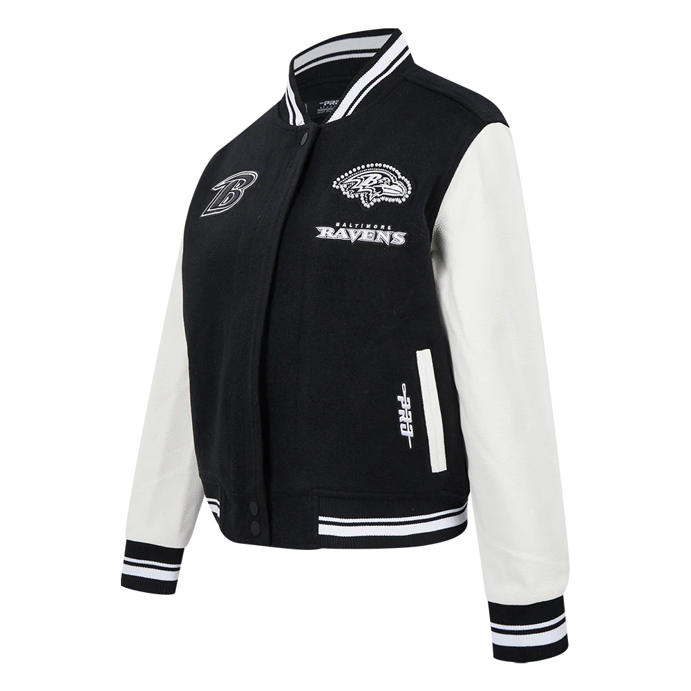 NFL BALTIMORE RAVENS PEARLS WOMEN'S RIB WOOL VARSITY JACKET (BLACK/WHITE) - Image 2
