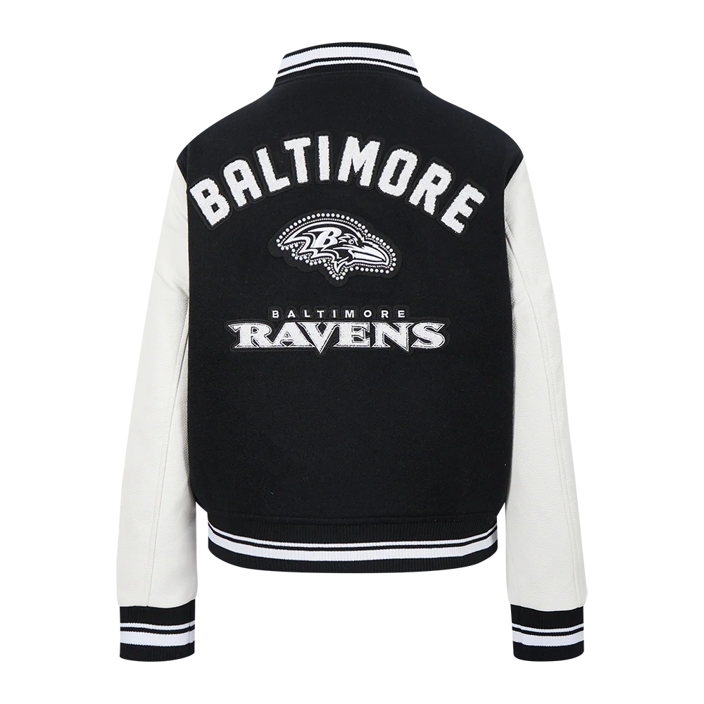 NFL BALTIMORE RAVENS PEARLS WOMEN'S RIB WOOL VARSITY JACKET (BLACK/WHITE) - Image 3