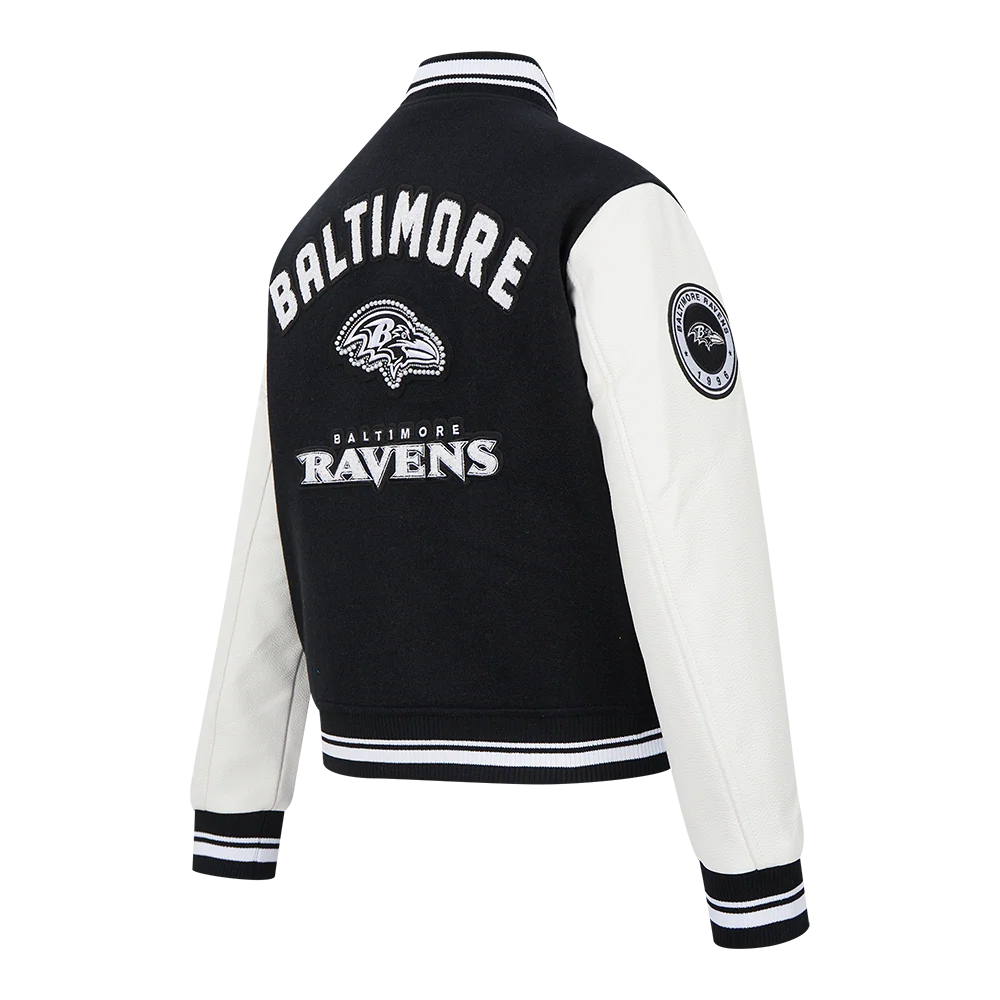 NFL BALTIMORE RAVENS PEARLS WOMEN'S RIB WOOL VARSITY JACKET (BLACK/WHITE) - Image 4
