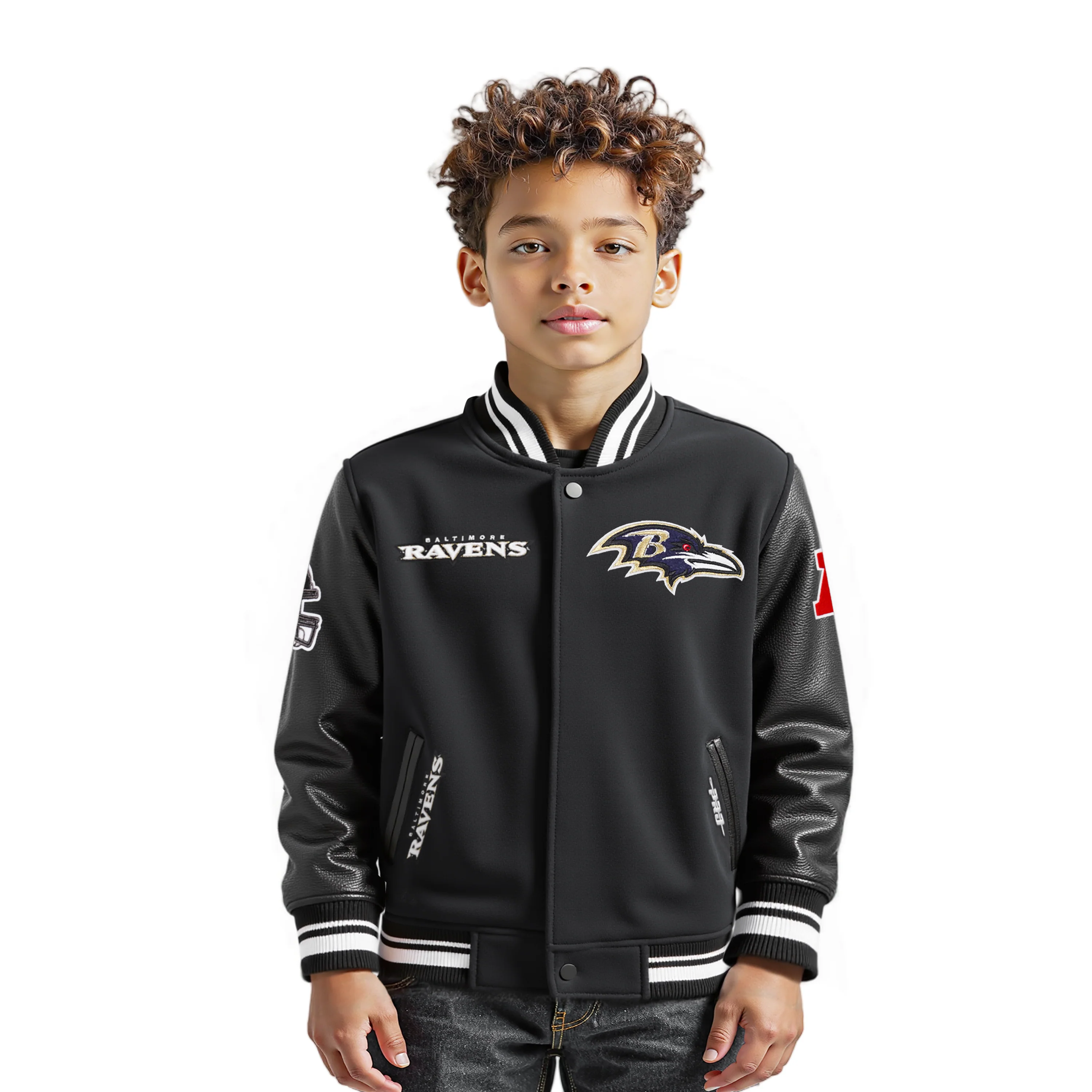 NFL BALTIMORE RAVENS RETRO CLASSIC LITTLE BOYS RIB WOOL VARSITY JACKET (BLACK)