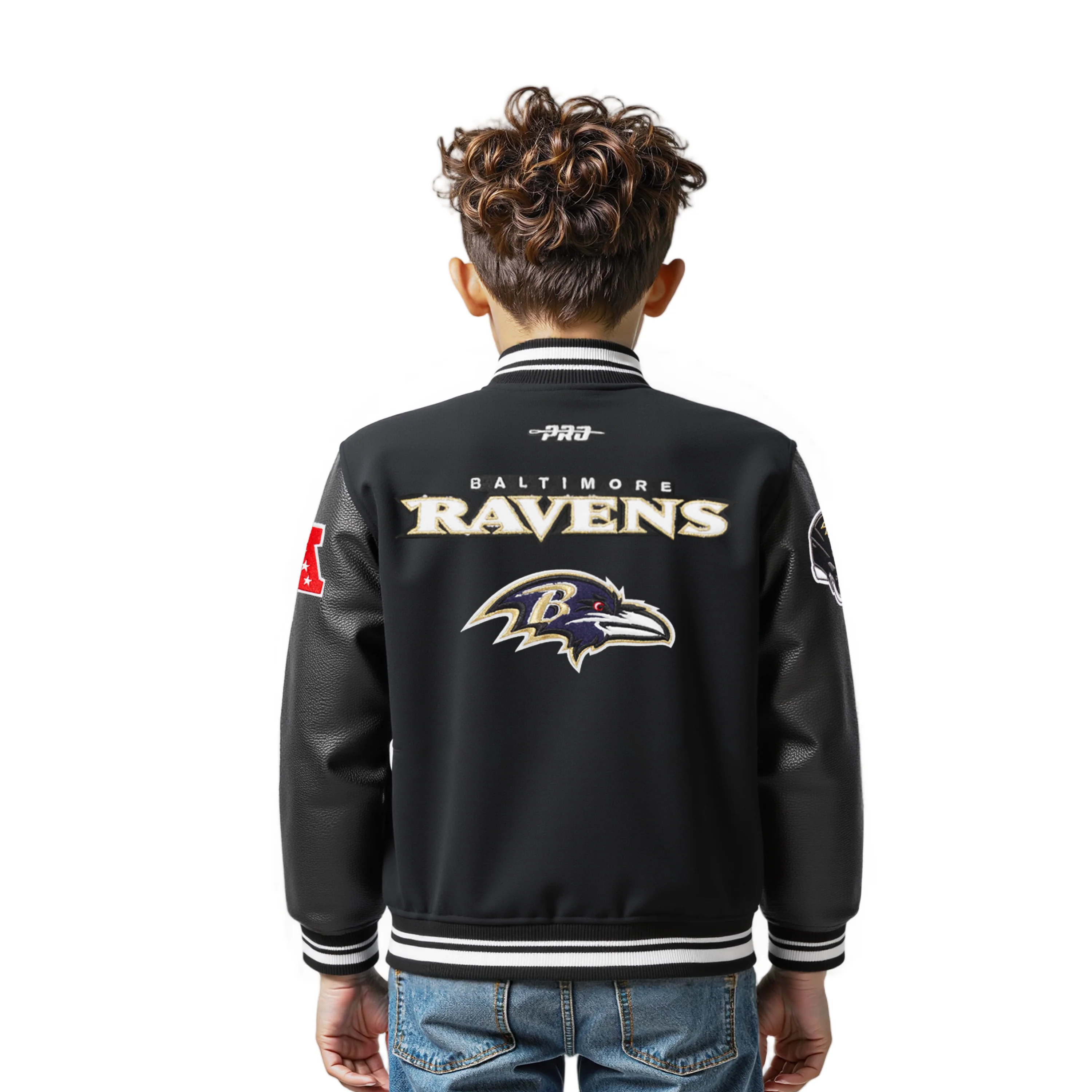 NFL BALTIMORE RAVENS RETRO CLASSIC LITTLE BOYS RIB WOOL VARSITY JACKET (BLACK) - Image 2