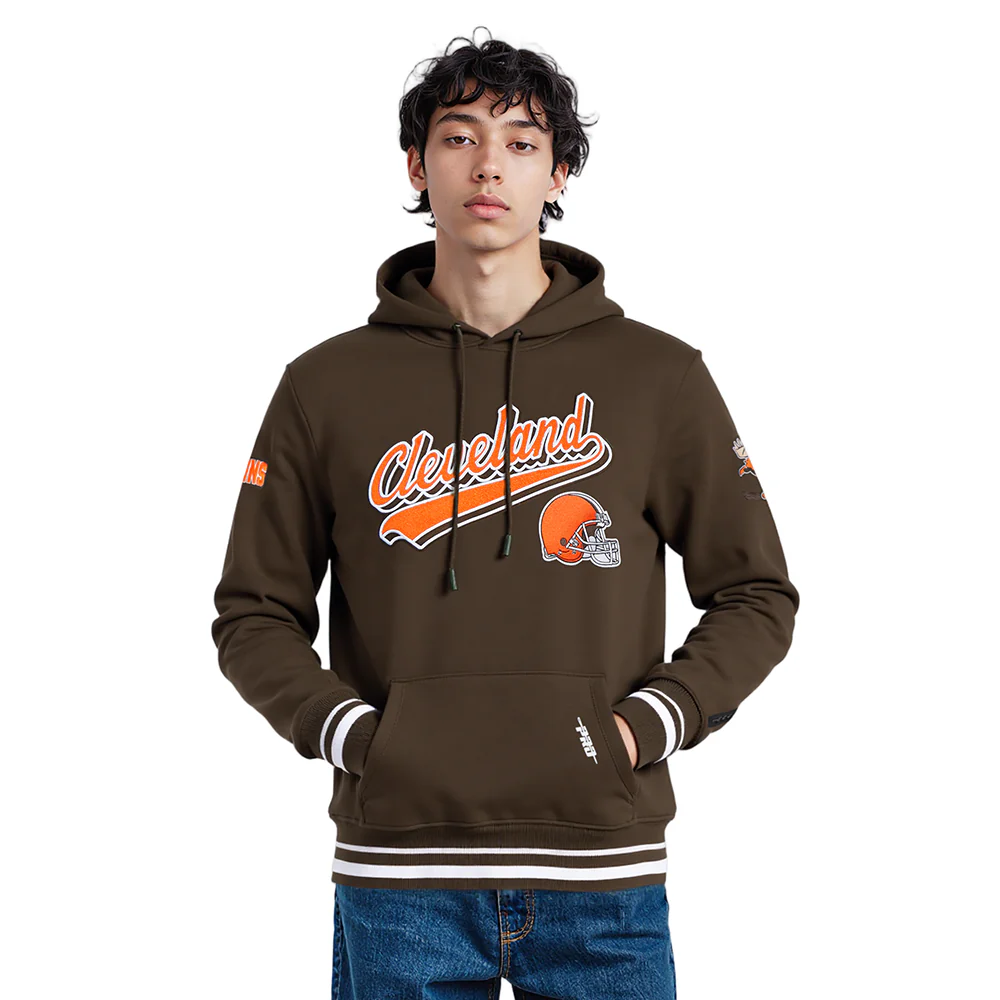 NFL CLEVELAND BROWNS SCRIPT TAIL MEN'S RIB FLC PO HOODIE (BROWN)