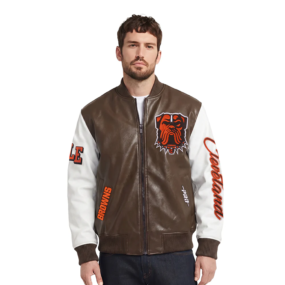 NFL CLEVELAND BROWNS CITY SIGNATURE MEN'S LEATHER VARSITY JACKET (BROWN/WHITE)
