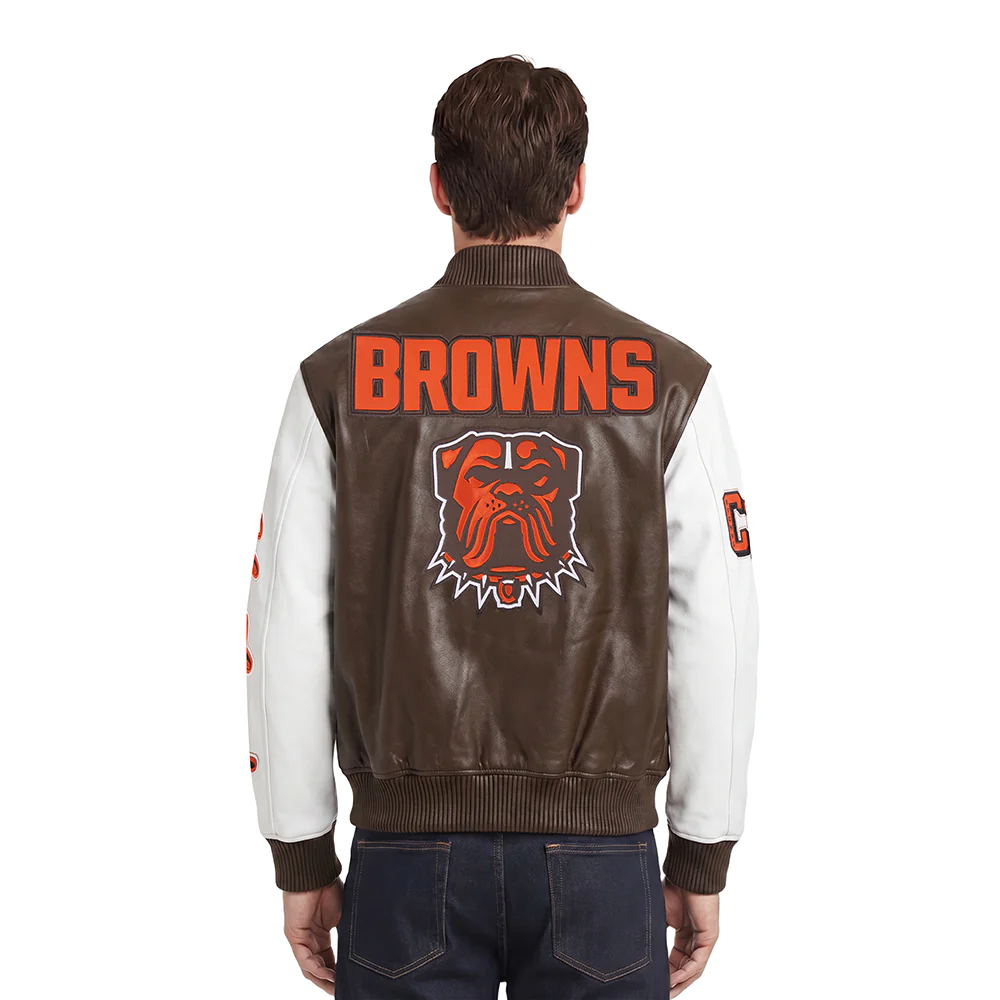 NFL CLEVELAND BROWNS CITY SIGNATURE MEN'S LEATHER VARSITY JACKET (BROWN/WHITE) - Image 2