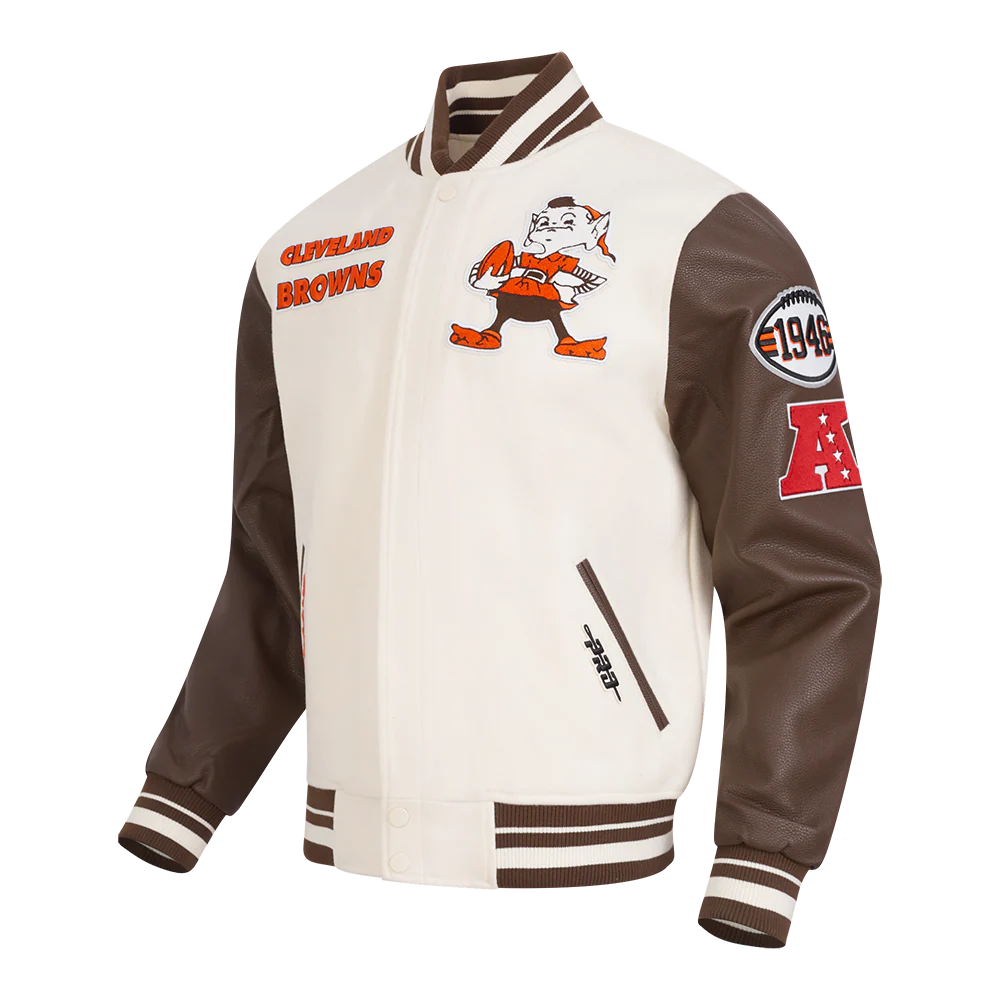 NFL CLEVELAND BROWNS RETRO CLASSIC MEN'S RIB WOOL VARSITY JACKET (EGGSHELL/ BROWN) - Image 2